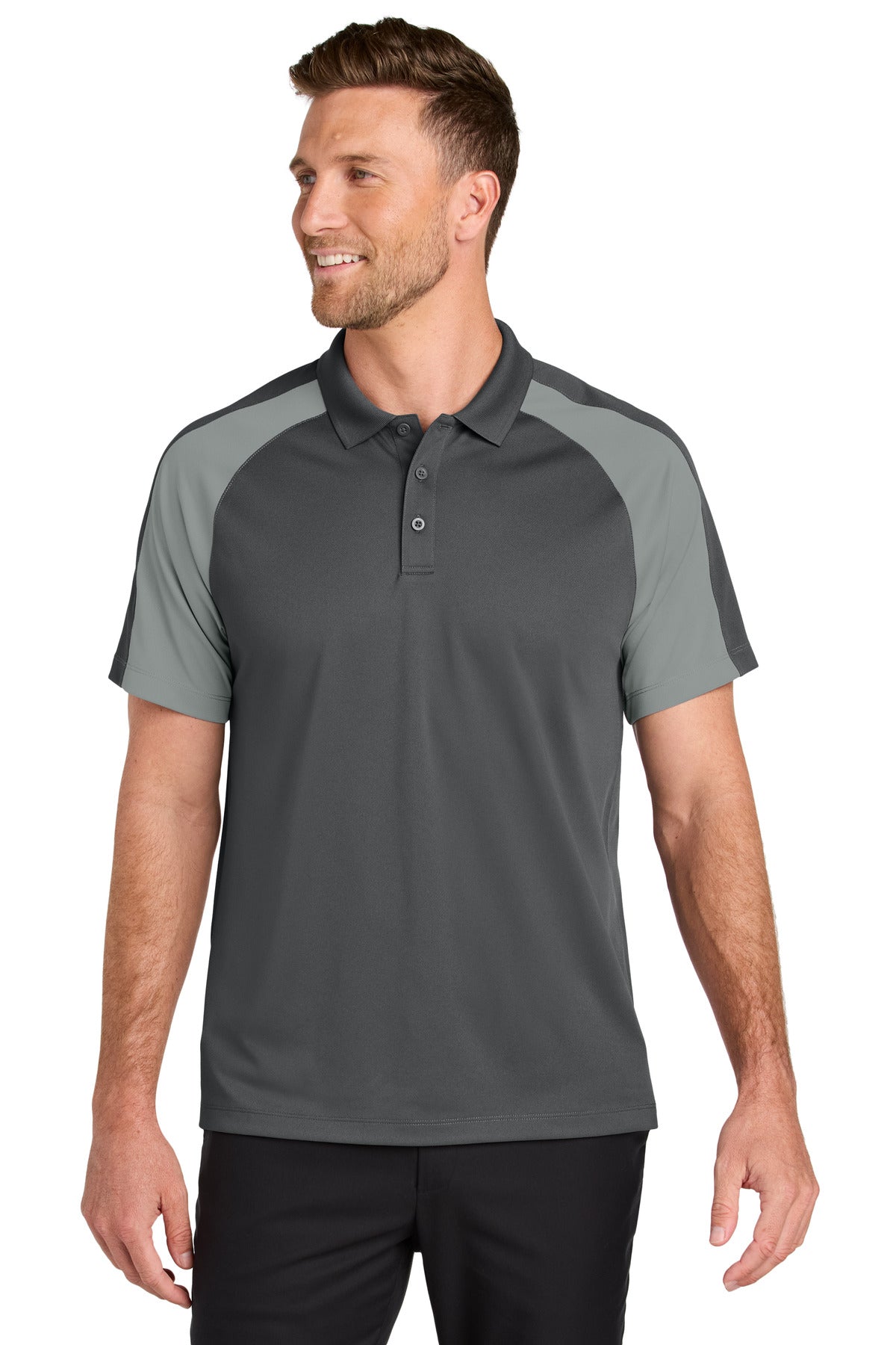 Custom Storm Grey/ Gusty Grey Wearever Performance Pique Colorblock Polo K247, personalized by SanCanDo Swag in Argyle, TX