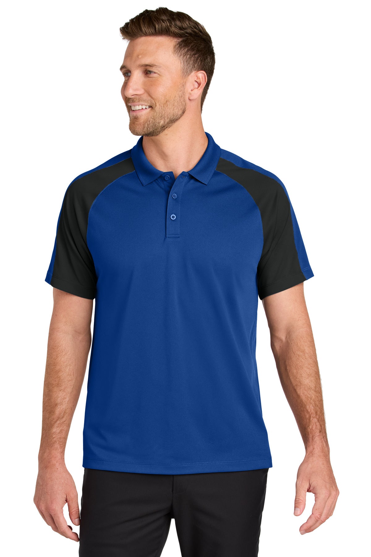 Custom True Royal/ Black Wearever Performance Pique Colorblock Polo K247, personalized by SanCanDo Swag in Argyle, TX
