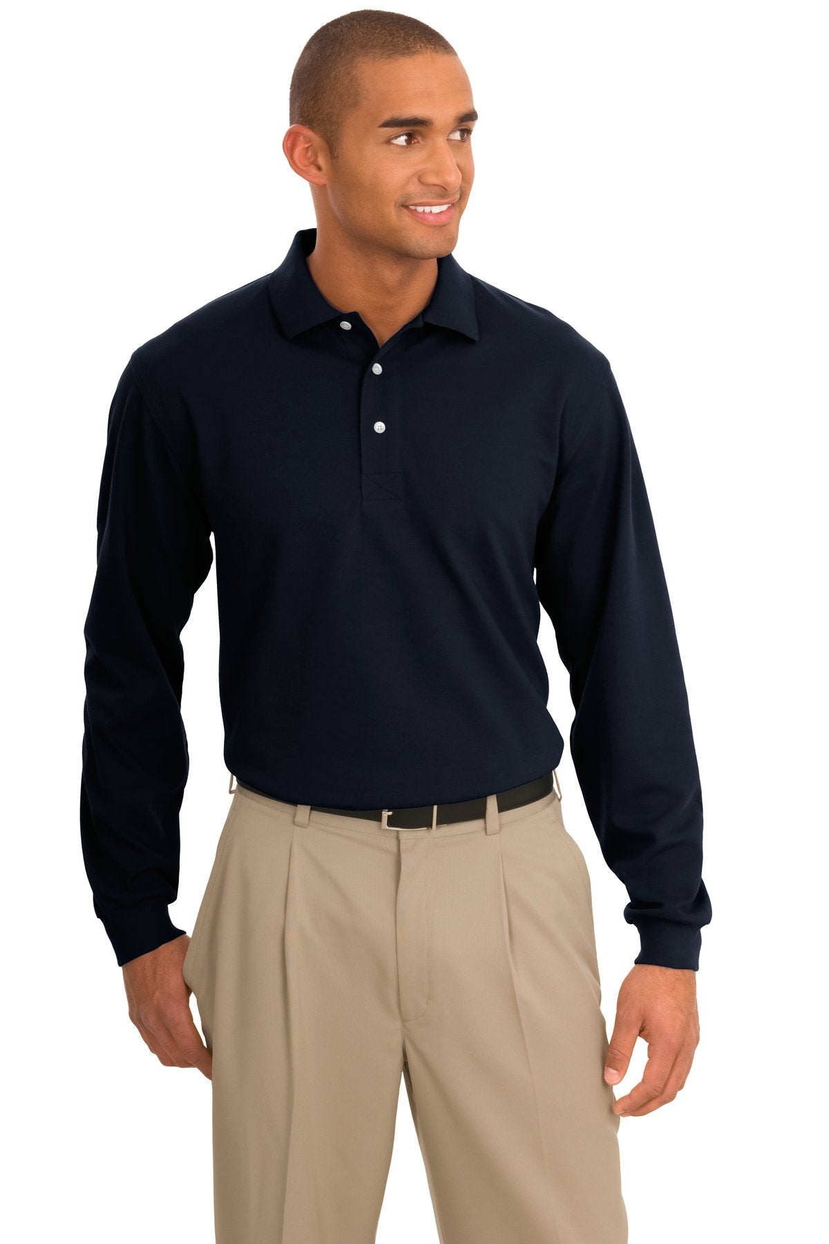 Custom Classic Navy Rapid Dry Long Sleeve Polo K455LS, personalized by SanCanDo Swag in Argyle, TX