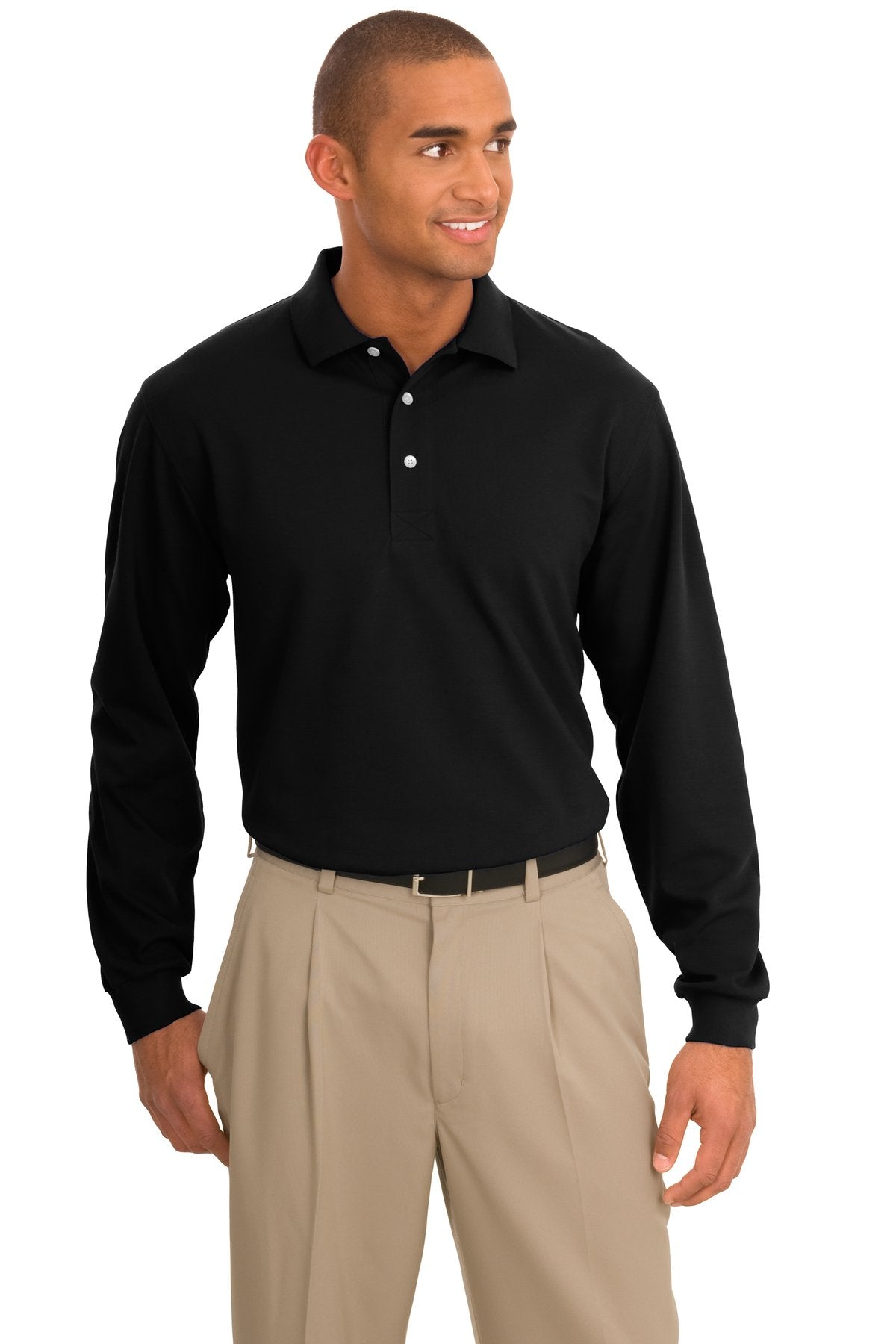 Custom Jet Black Rapid Dry Long Sleeve Polo K455LS, personalized by SanCanDo Swag in Argyle, TX
