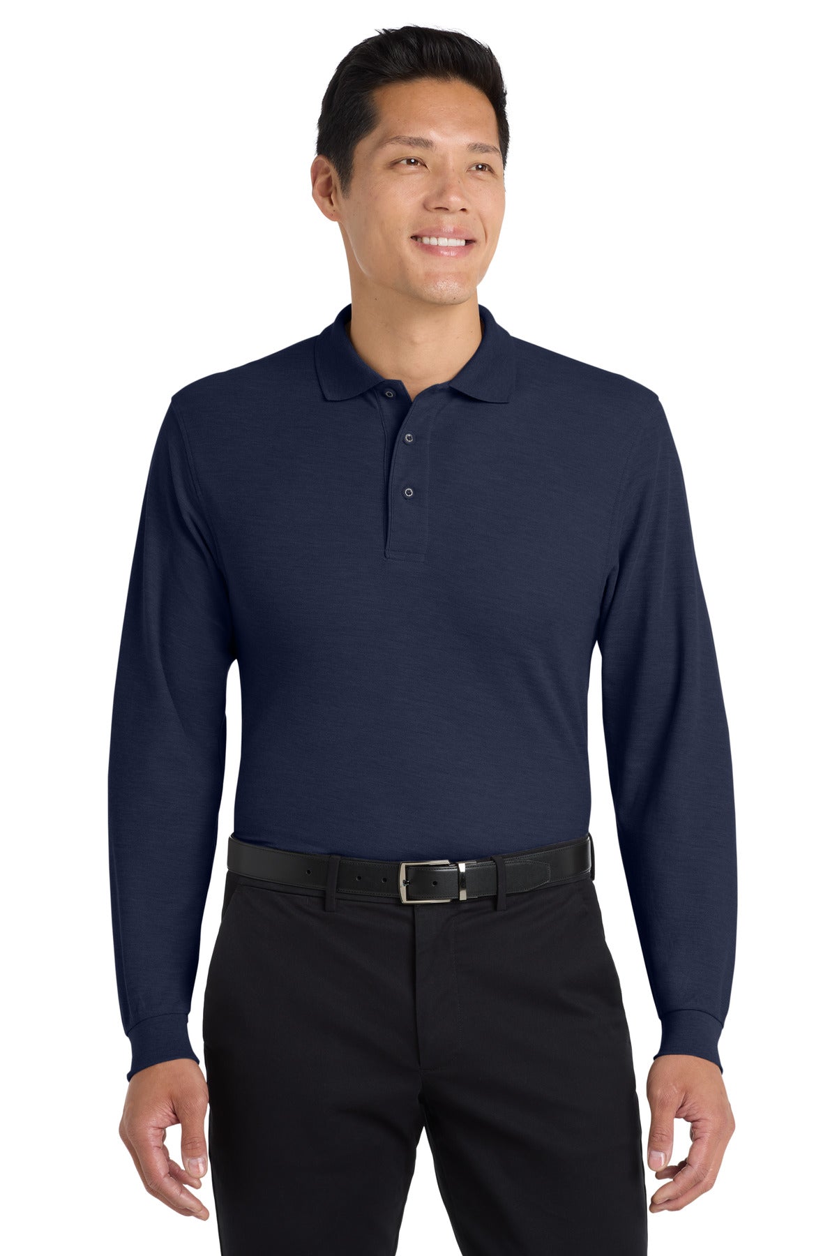 Custom Navy Silk Touch Long Sleeve Polo K500LS, personalized by SanCanDo Swag in Argyle, TX