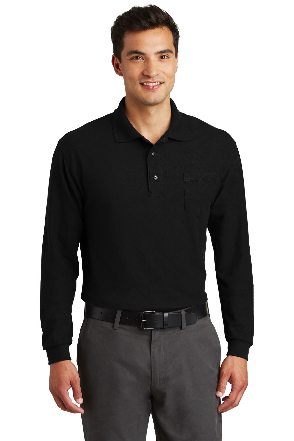 Custom Black Long Sleeve Silk Touch Polo with Pocket K500LSP, personalized by SanCanDo Swag in Argyle, TX