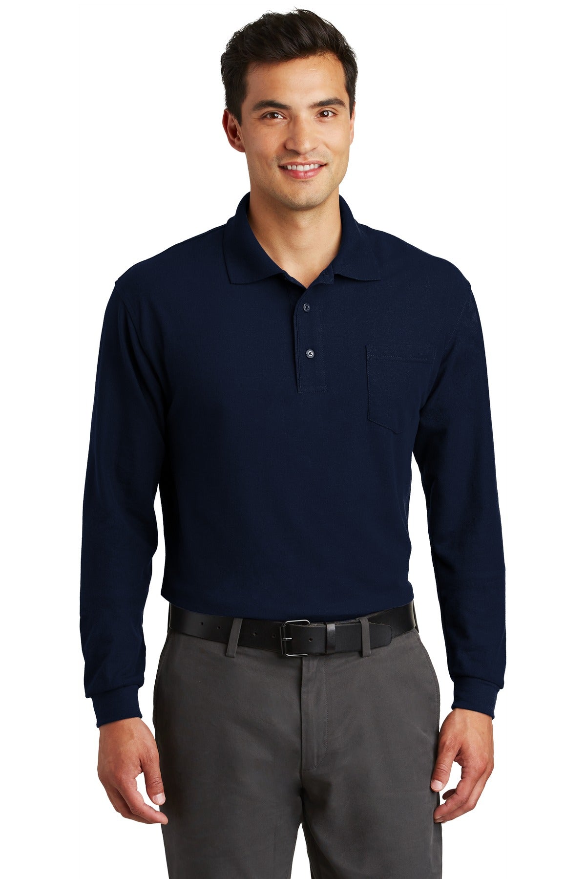 Custom Navy Long Sleeve Silk Touch Polo with Pocket K500LSP, personalized by SanCanDo Swag in Argyle, TX
