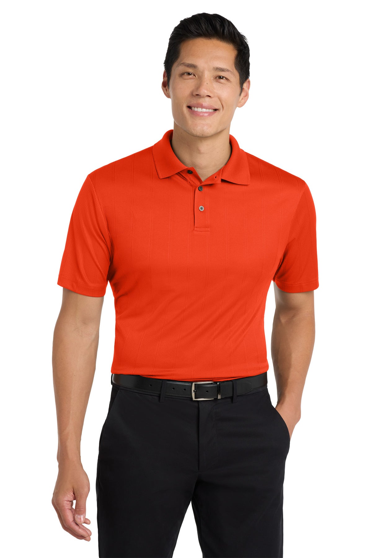 Custom Autumn Orange Performance Fine Jacquard Polo K528, personalized by SanCanDo Swag in Argyle, TX