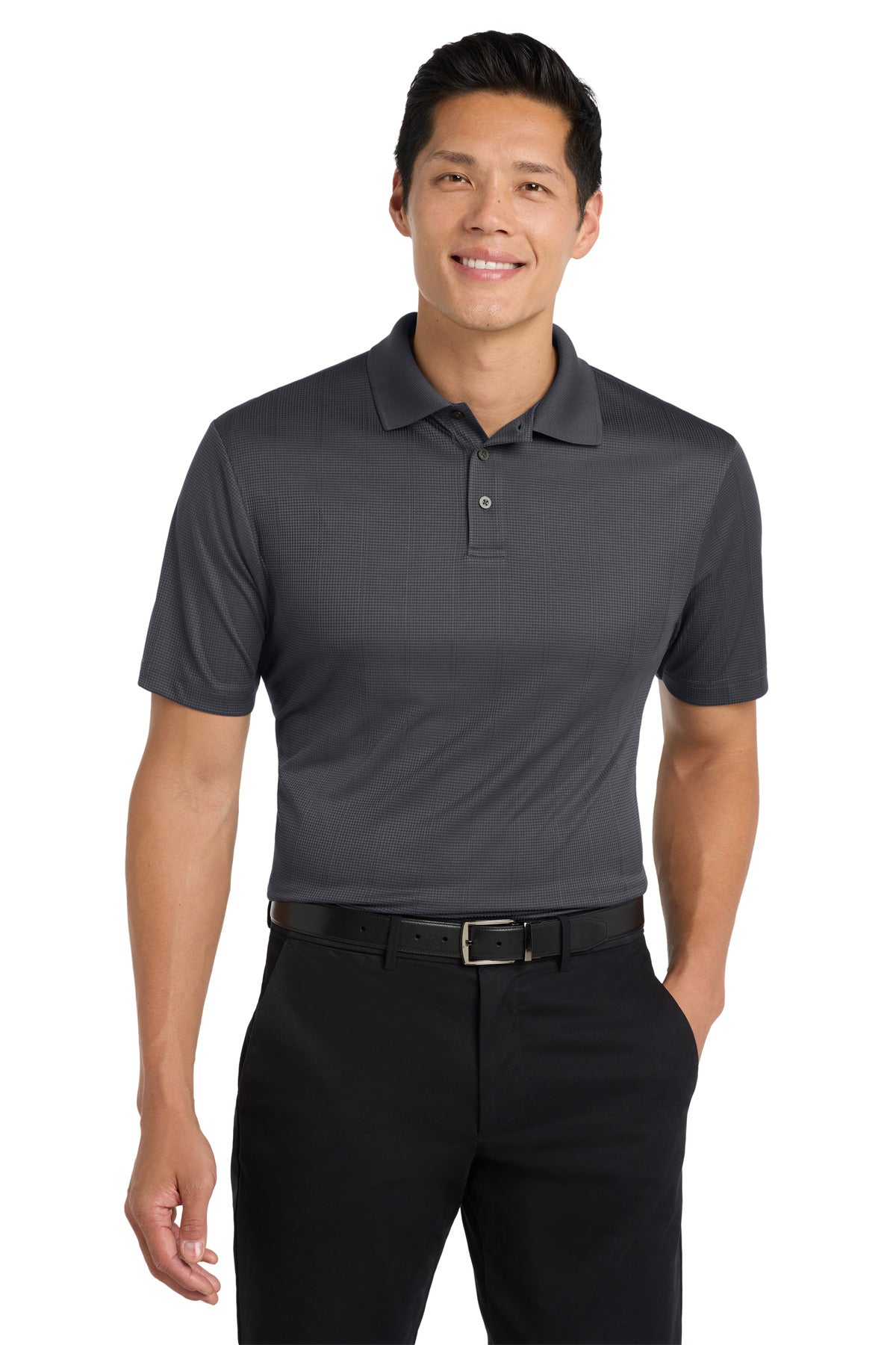 Custom Grey Smoke Performance Fine Jacquard Polo K528, personalized by SanCanDo Swag in Argyle, TX