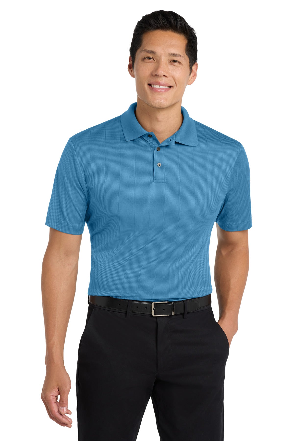Custom Ocean Blue Performance Fine Jacquard Polo K528, personalized by SanCanDo Swag in Argyle, TX