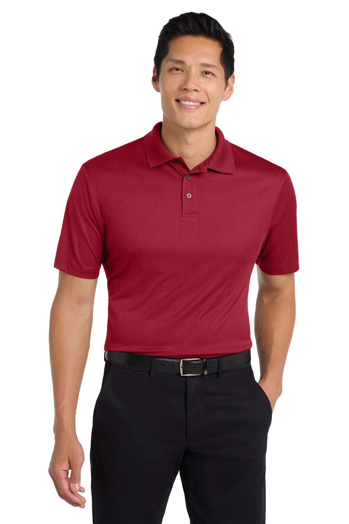 Custom Rich Red Performance Fine Jacquard Polo K528, personalized by SanCanDo Swag in Argyle, TX