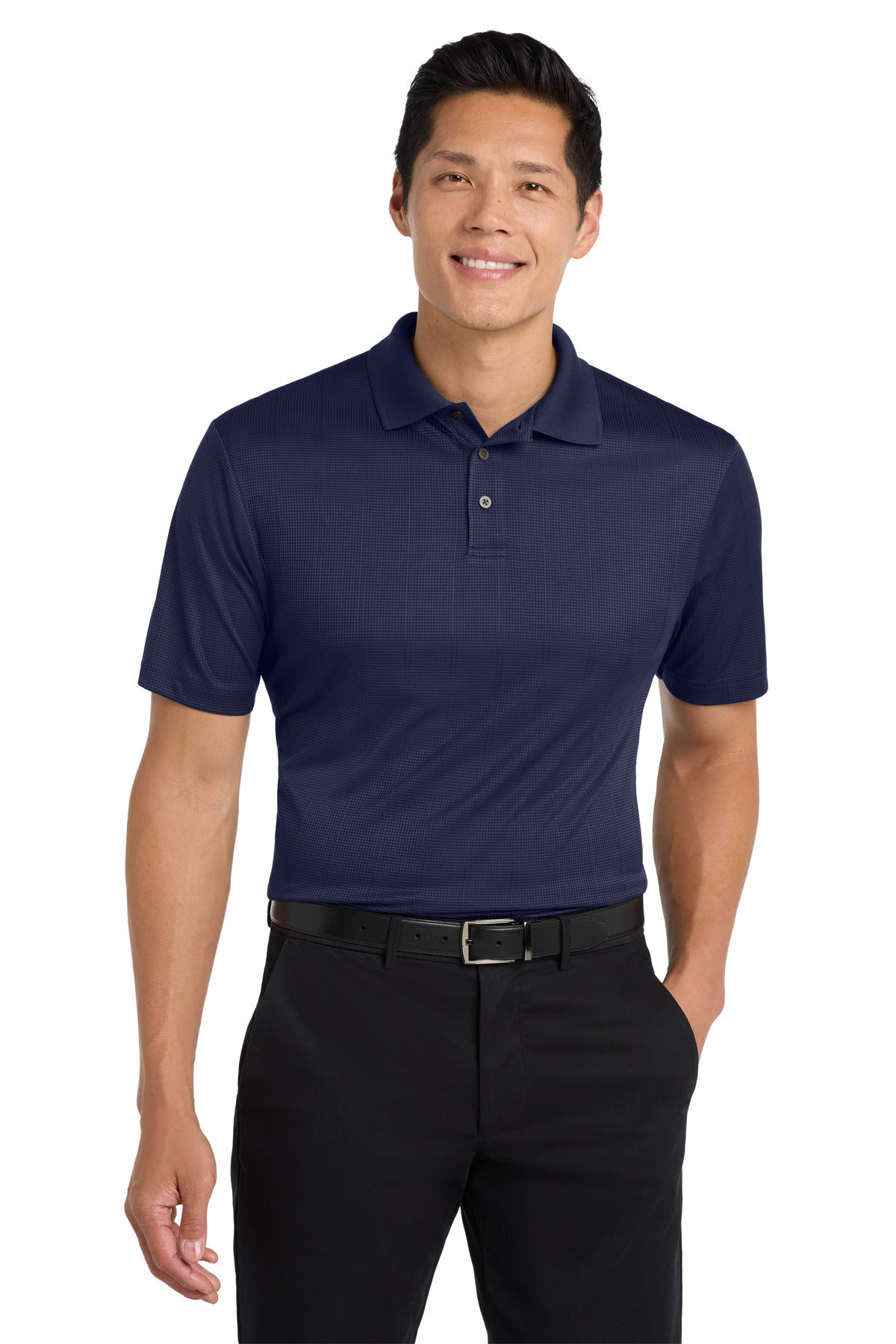 Custom True Navy Performance Fine Jacquard Polo K528, personalized by SanCanDo Swag in Argyle, TX