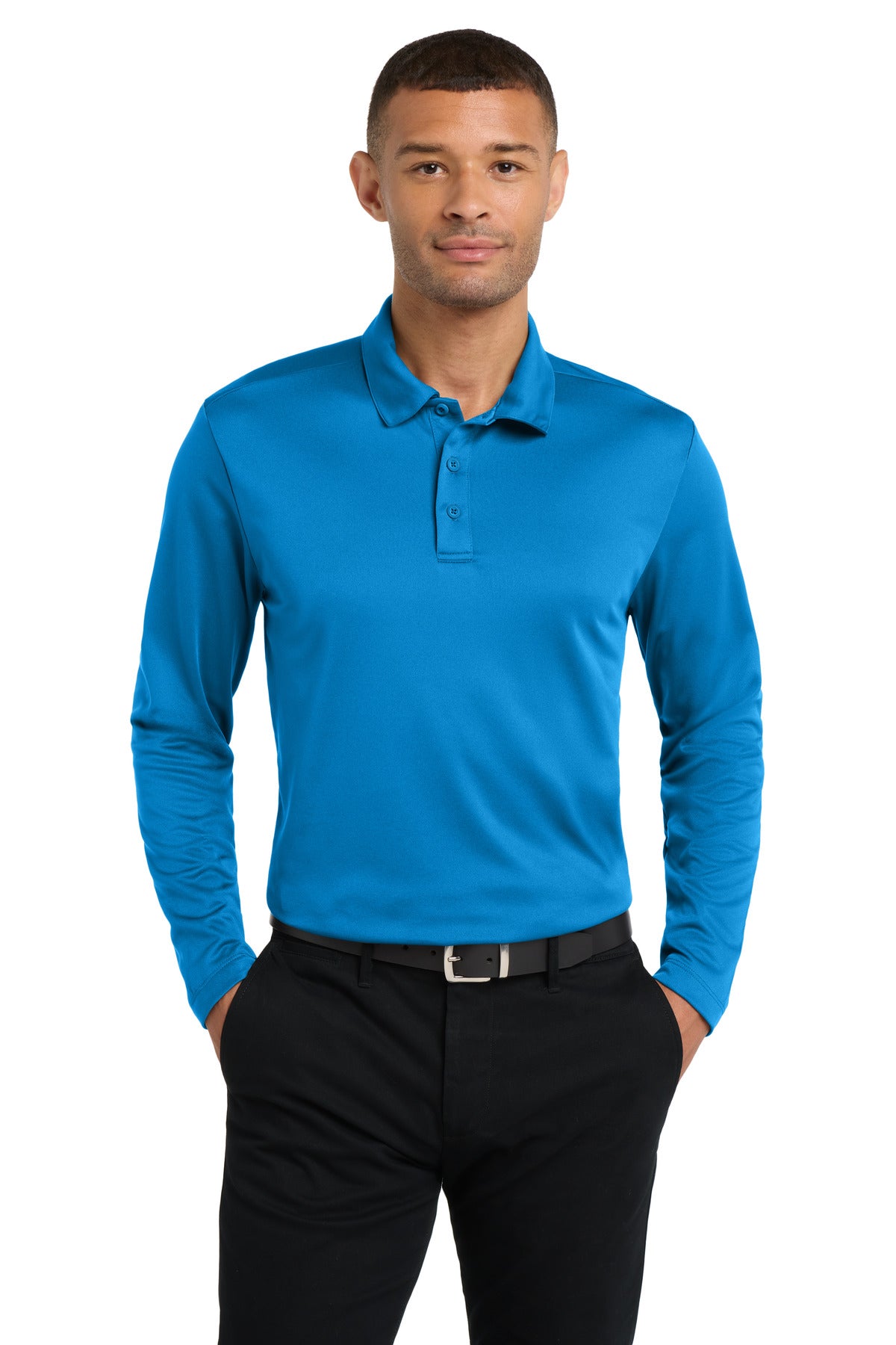 Custom Brilliant Blue Silk Touch Performance Long Sleeve Polo K540LS, personalized by SanCanDo Swag in Argyle, TX