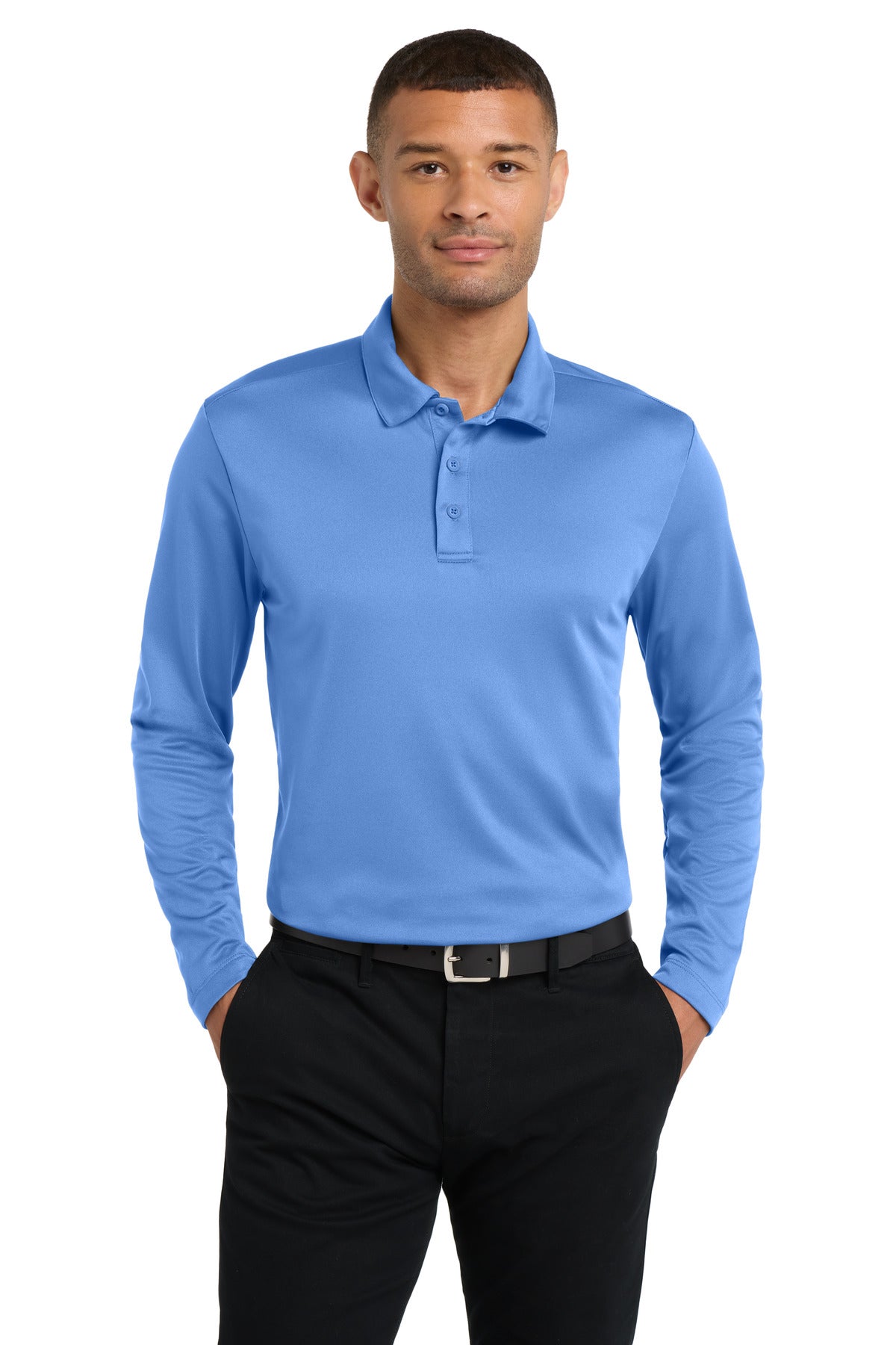 Custom Carolina Blue Silk Touch Performance Long Sleeve Polo K540LS, personalized by SanCanDo Swag in Argyle, TX