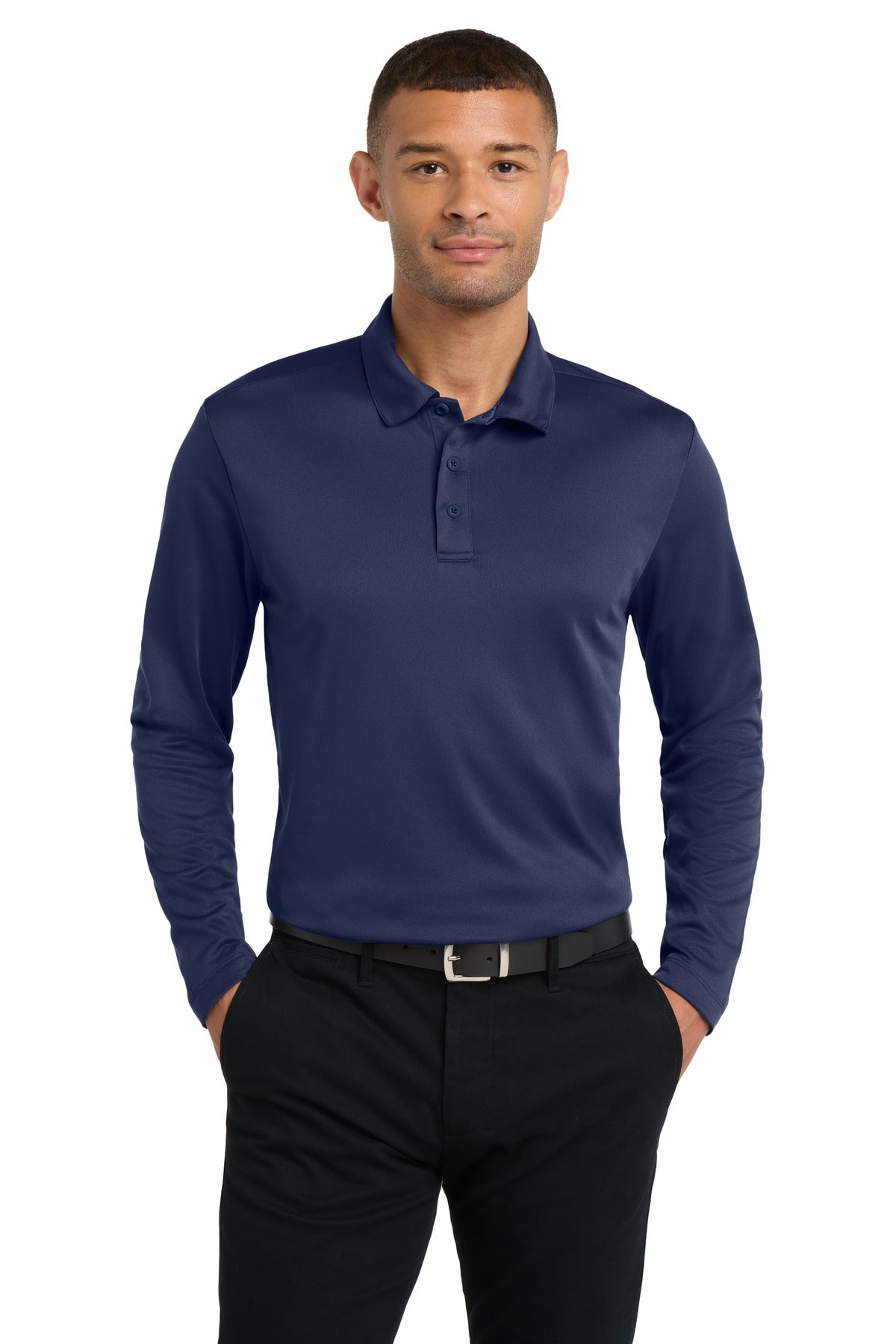 Custom Navy Silk Touch Performance Long Sleeve Polo K540LS, personalized by SanCanDo Swag in Argyle, TX