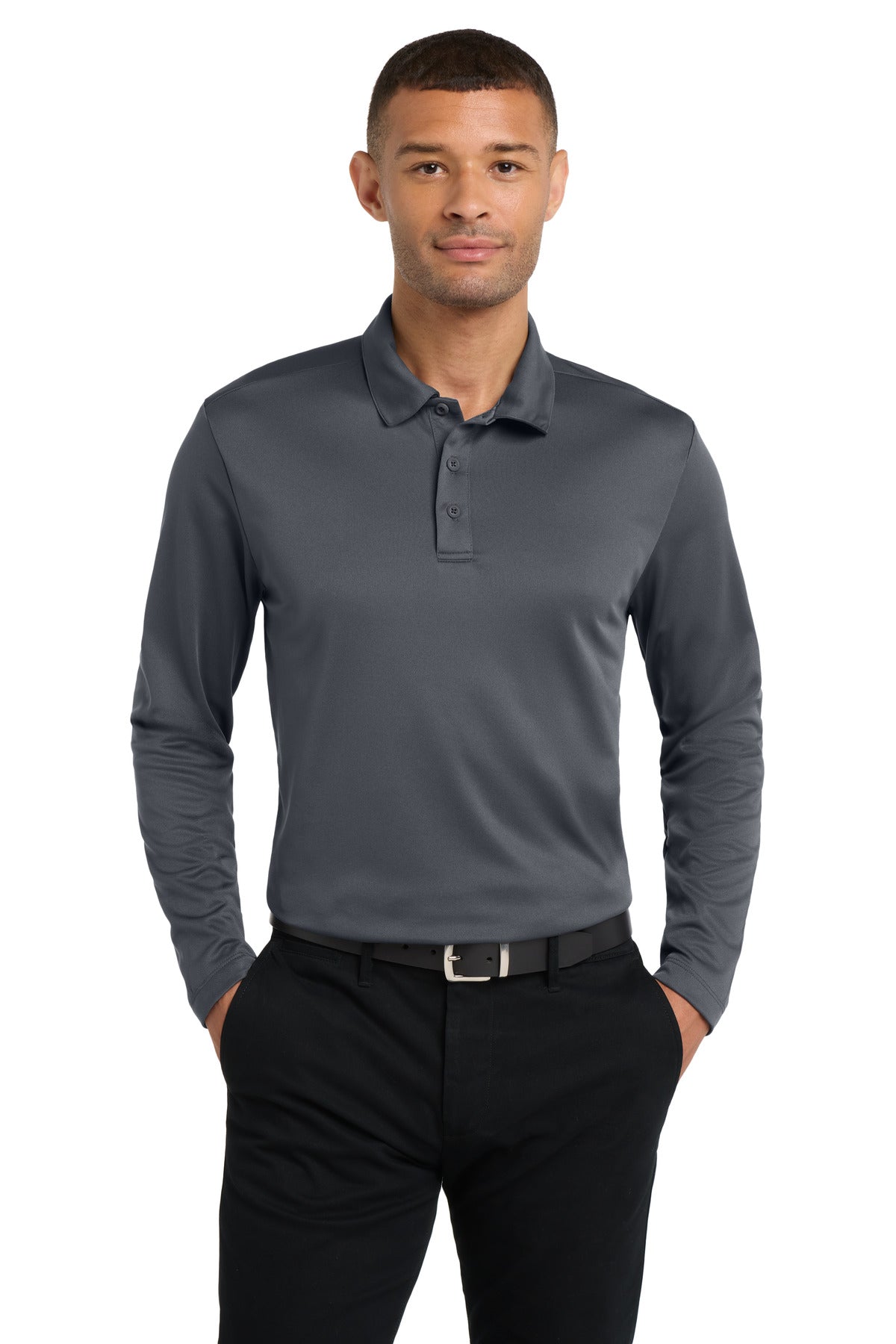 Custom Steel Grey Silk Touch Performance Long Sleeve Polo K540LS, personalized by SanCanDo Swag in Argyle, TX