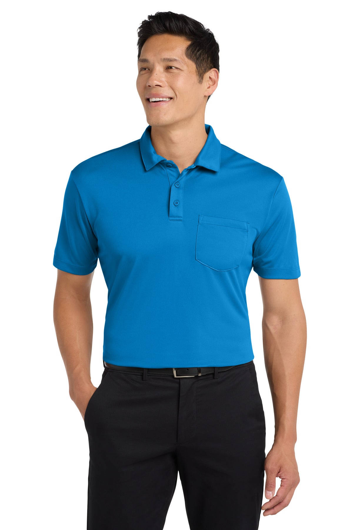 Custom Brilliant Blue Silk Touch Performance Pocket Polo K540P, personalized by SanCanDo Swag in Argyle, TX