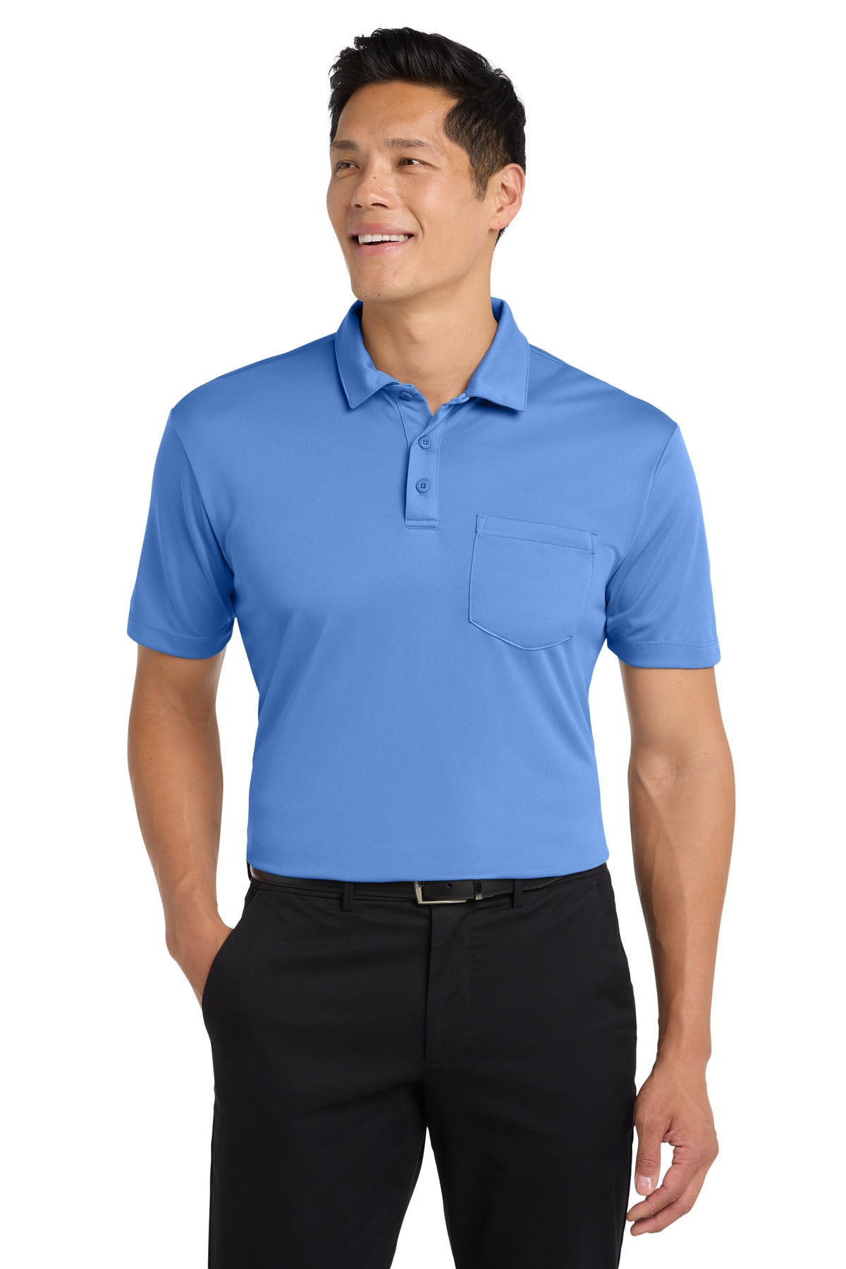 Custom Carolina Blue Silk Touch Performance Pocket Polo K540P, personalized by SanCanDo Swag in Argyle, TX