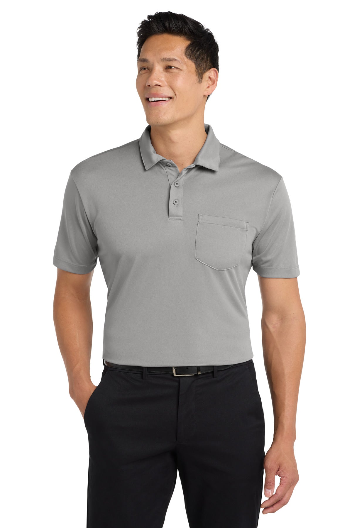 Custom Gusty Grey Silk Touch Performance Pocket Polo K540P, personalized by SanCanDo Swag in Argyle, TX