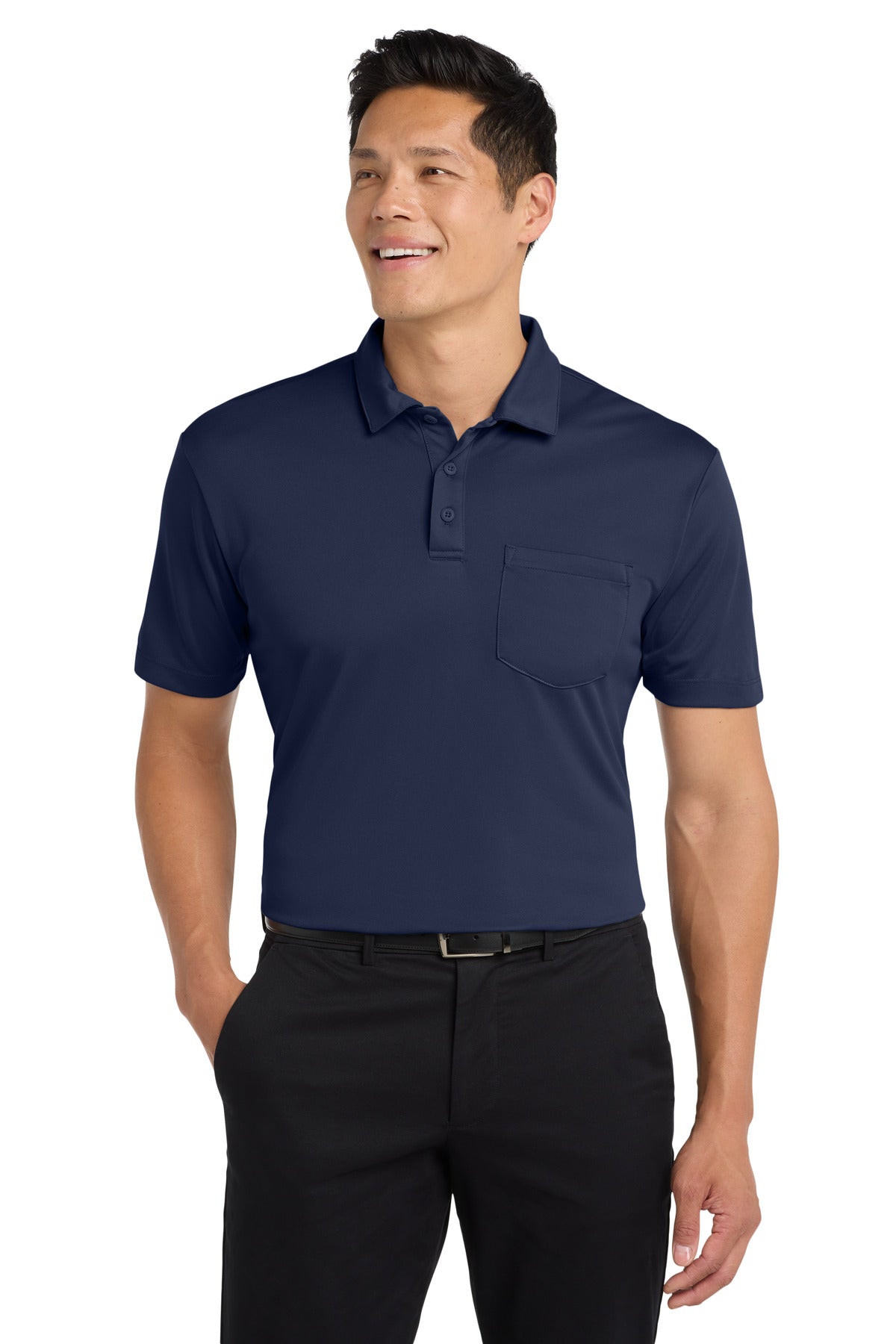 Custom Navy Silk Touch Performance Pocket Polo K540P, personalized by SanCanDo Swag in Argyle, TX