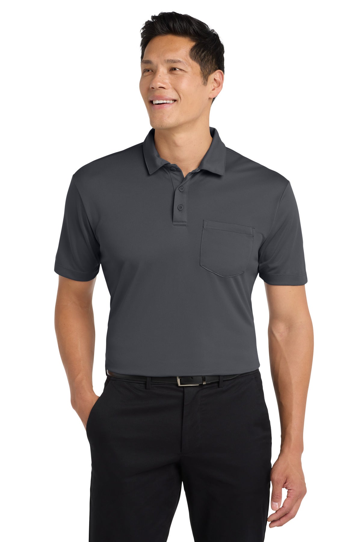 Custom Steel Grey Silk Touch Performance Pocket Polo K540P, personalized by SanCanDo Swag in Argyle, TX