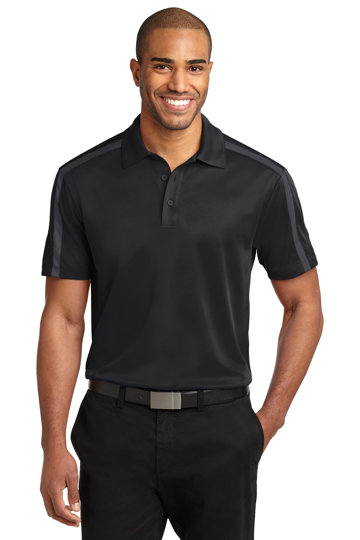 Custom Black/ Steel Grey Performance Colorblock Stripe Polo K547, personalized by SanCanDo Swag in Argyle, TX