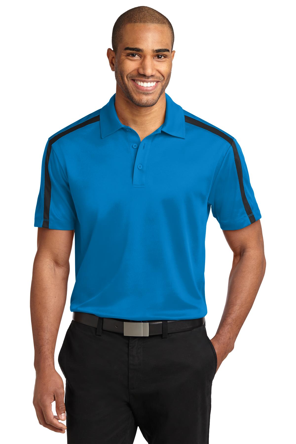 Custom Brilliant Blue/ Black Performance Colorblock Stripe Polo K547, personalized by SanCanDo Swag in Argyle, TX