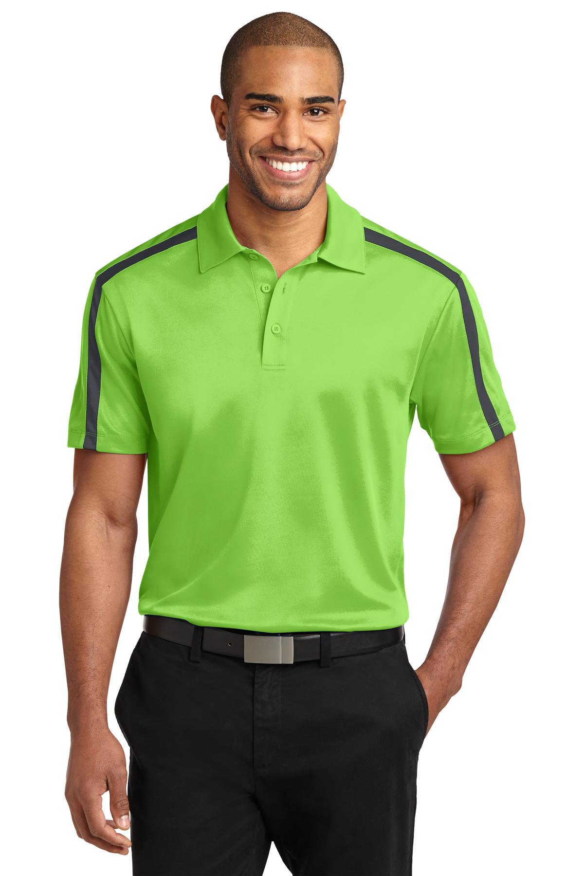 Custom Lime/ Steel Grey Performance Colorblock Stripe Polo K547, personalized by SanCanDo Swag in Argyle, TX