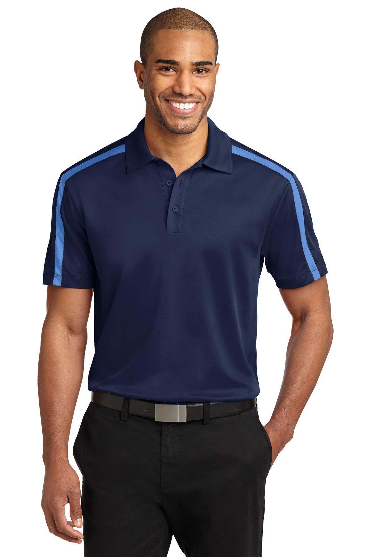 Custom Navy/ Carolina Blue Performance Colorblock Stripe Polo K547, personalized by SanCanDo Swag in Argyle, TX
