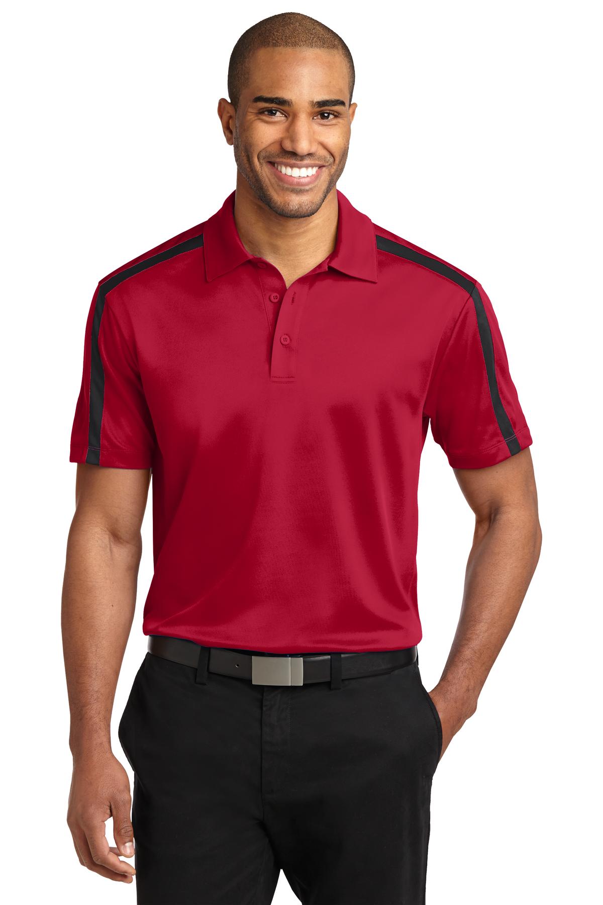 Custom Red/ Black Performance Colorblock Stripe Polo K547, personalized by SanCanDo Swag in Argyle, TX