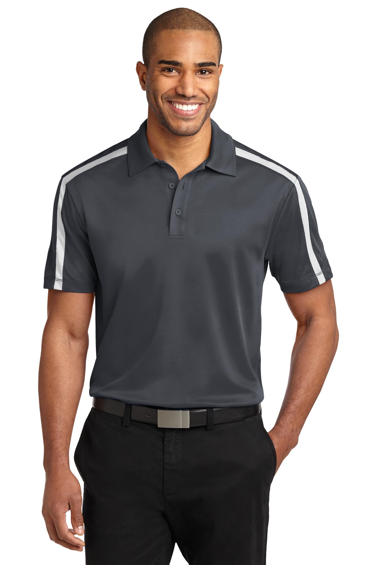 Custom Steel Grey/ White Performance Colorblock Stripe Polo K547, personalized by SanCanDo Swag in Argyle, TX
