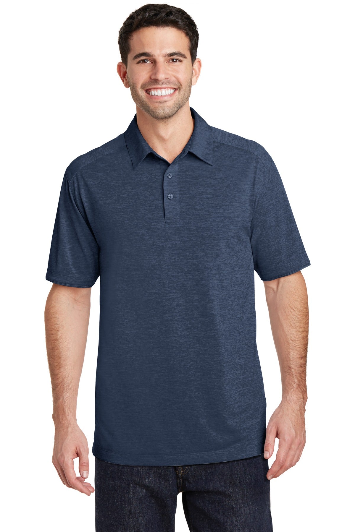 Custom Dress Blue Navy Digi Heather Performance Polo K574, personalized by SanCanDo Swag in Argyle, TX