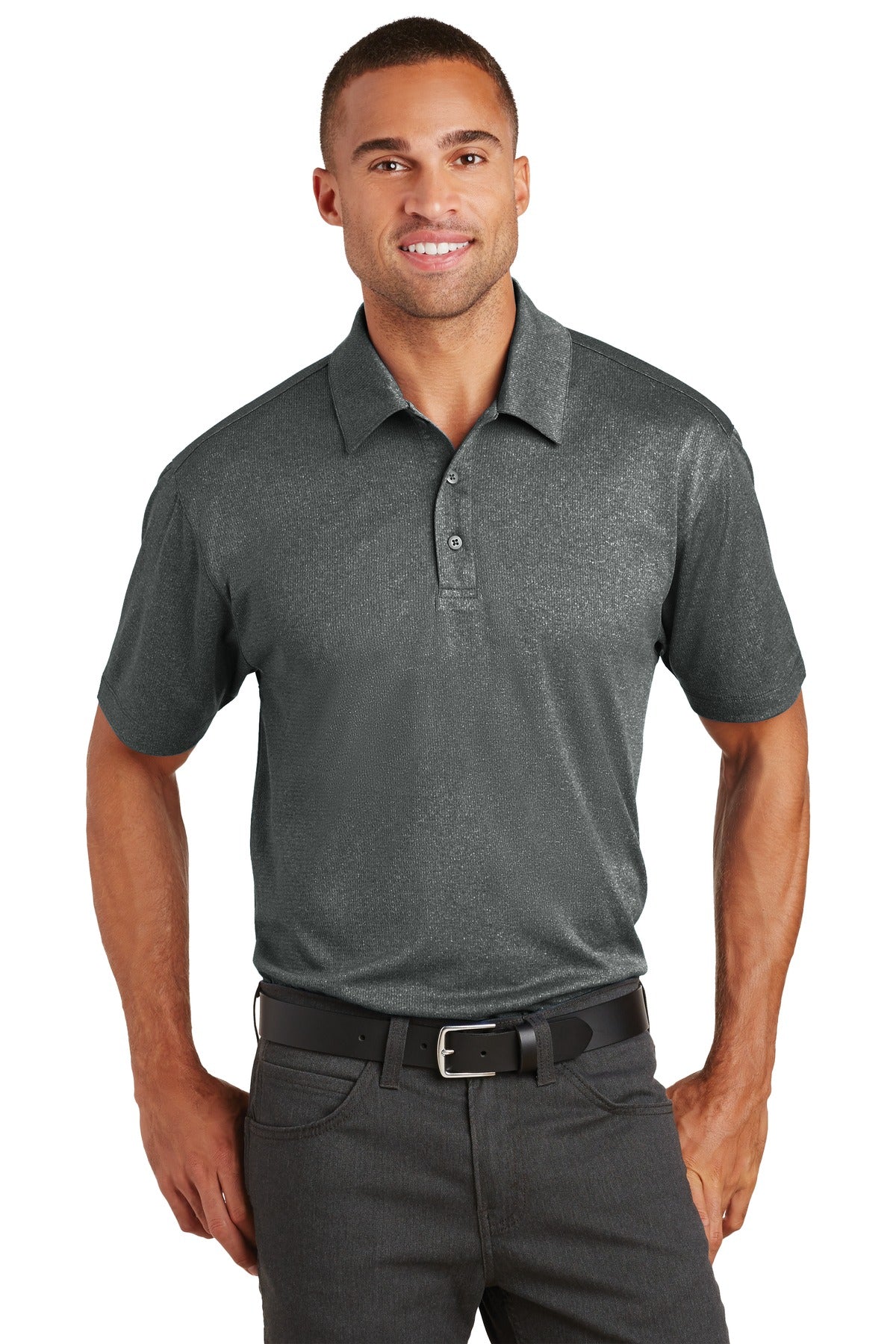 Custom Charcoal Heather Trace Heather Polo K576, personalized by SanCanDo Swag in Argyle, TX
