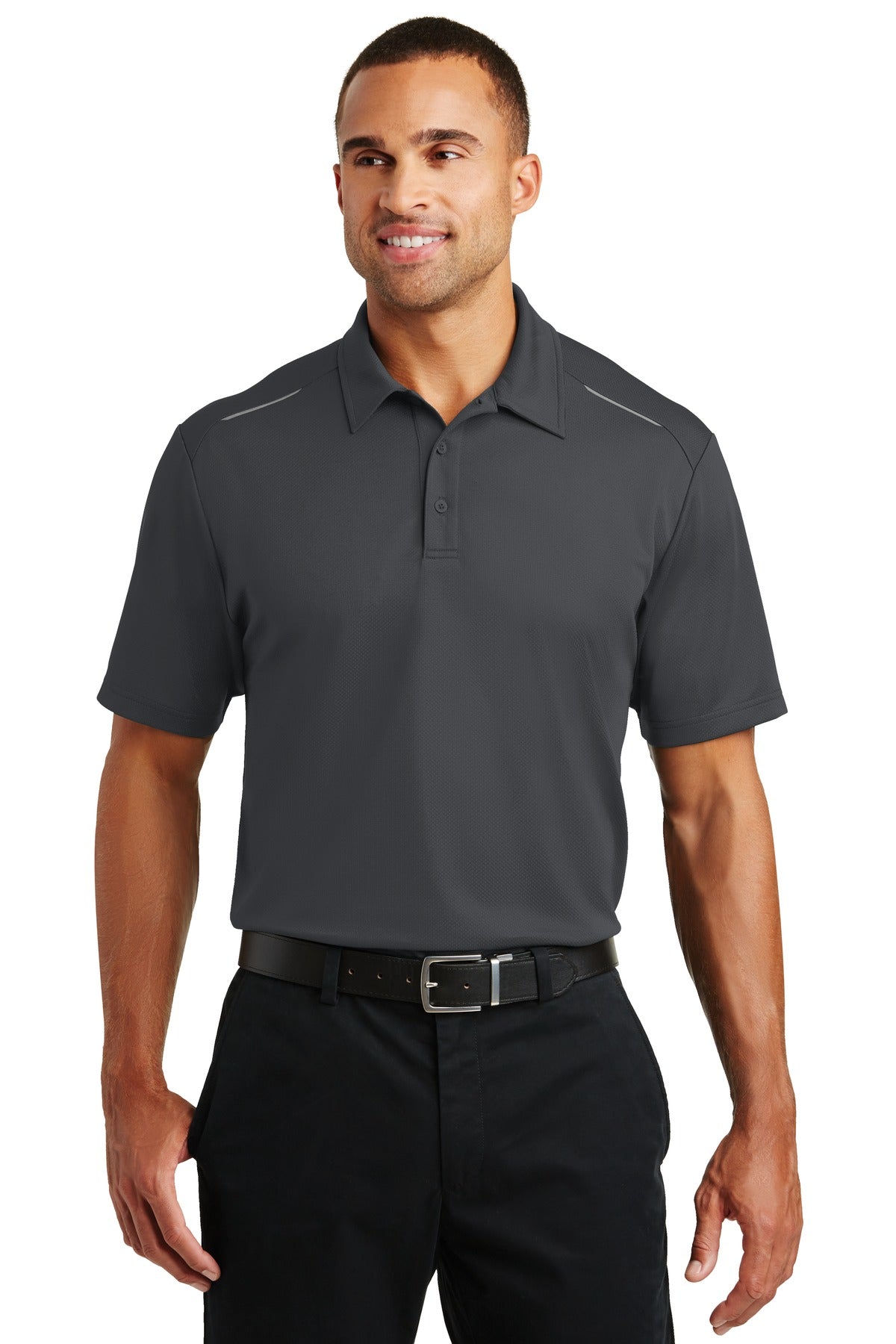 Custom Battleship Grey Pinpoint Mesh Polo K580, personalized by SanCanDo Swag in Argyle, TX