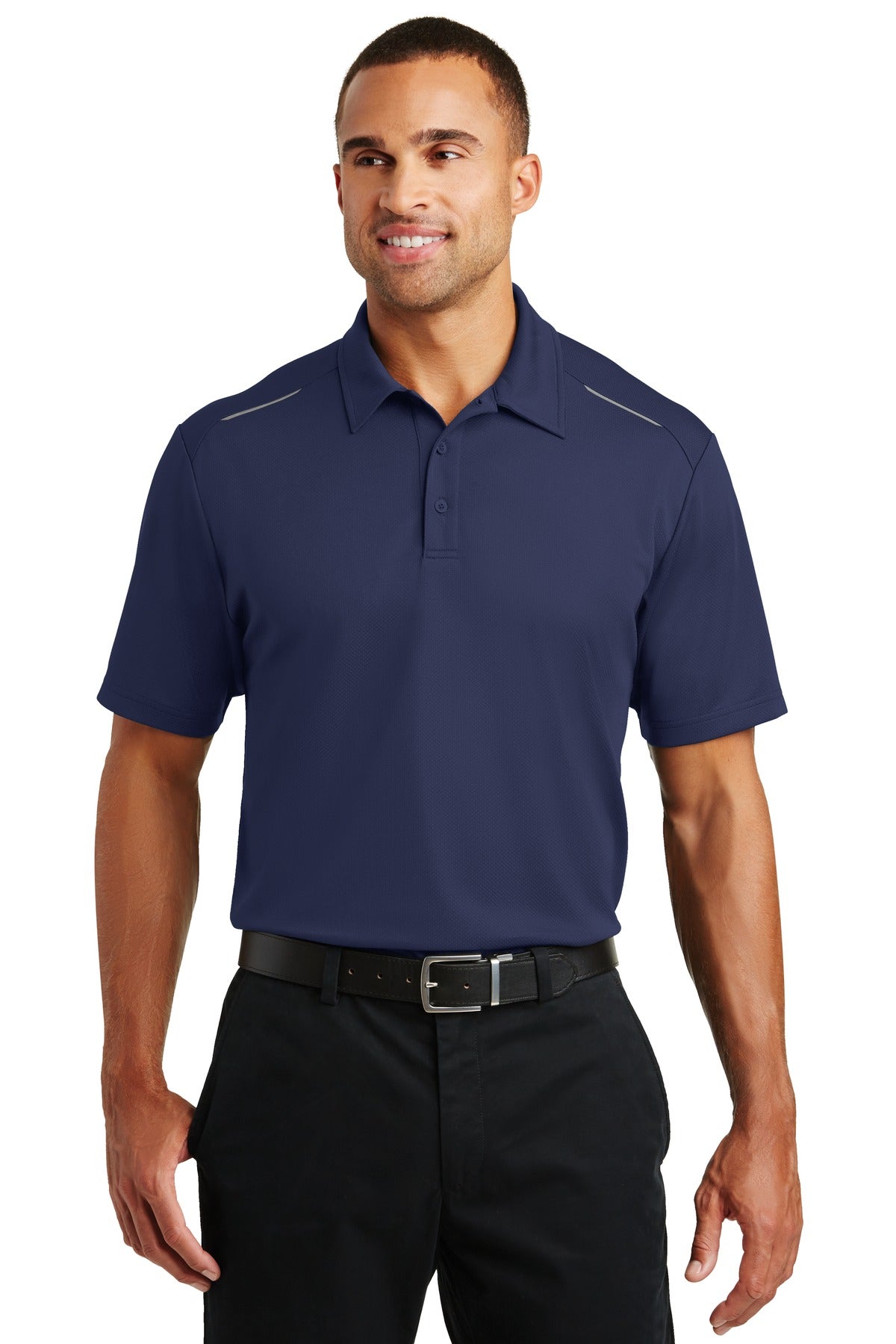 Custom True Navy Pinpoint Mesh Polo K580, personalized by SanCanDo Swag in Argyle, TX