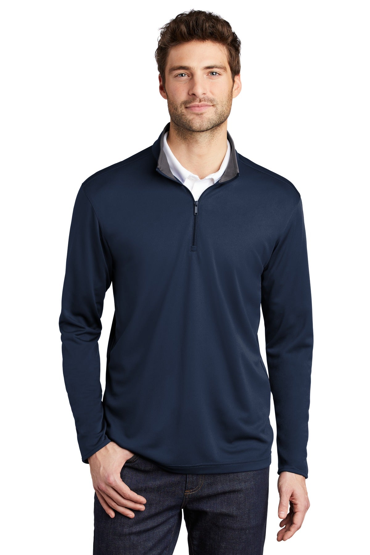 Custom Navy/ Steel Grey Silk Touch Performance 1/4-Zip K584, personalized by SanCanDo Swag in Argyle, TX