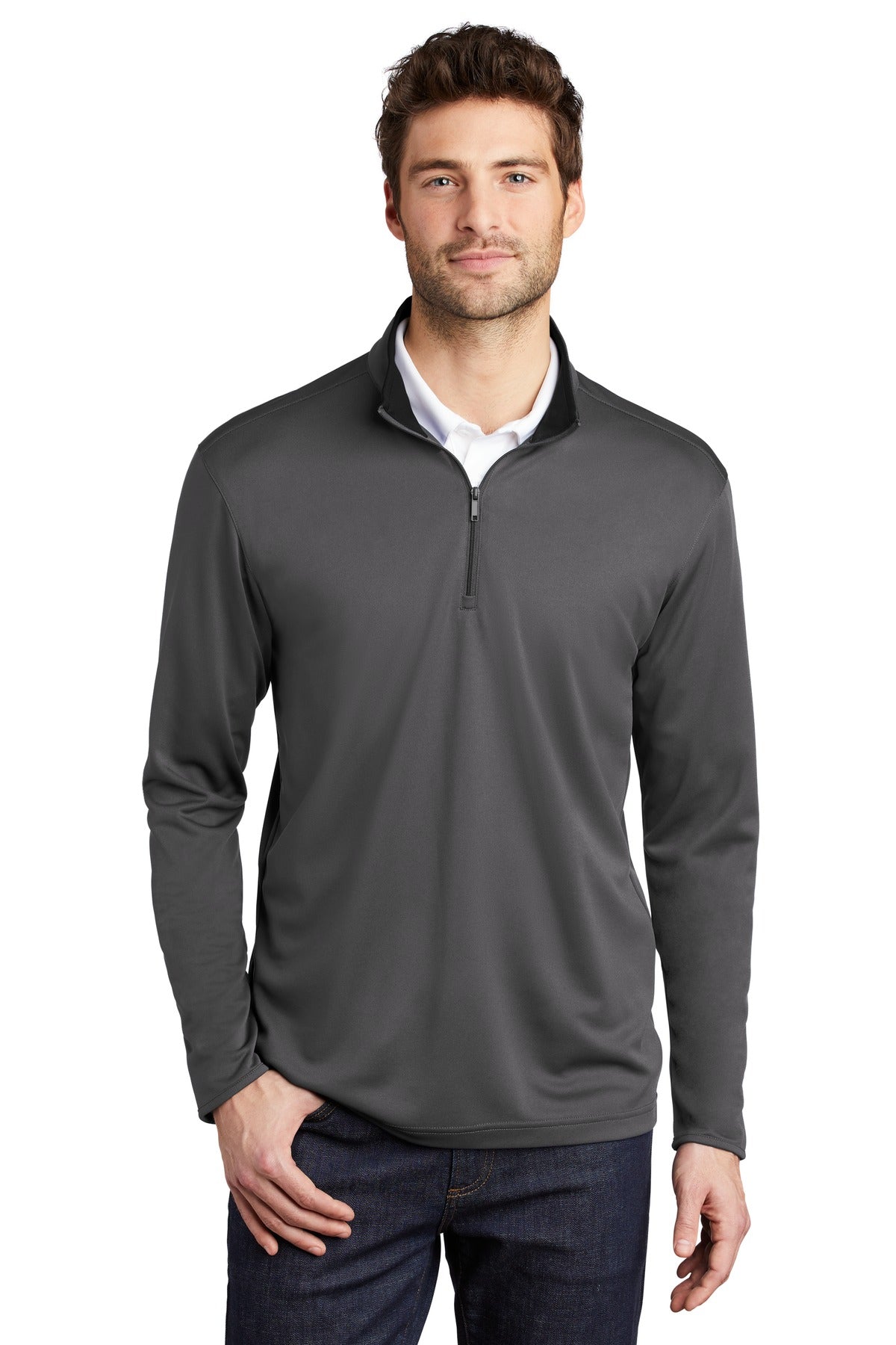Custom Steel Grey/ Black Silk Touch Performance 1/4-Zip K584, personalized by SanCanDo Swag in Argyle, TX