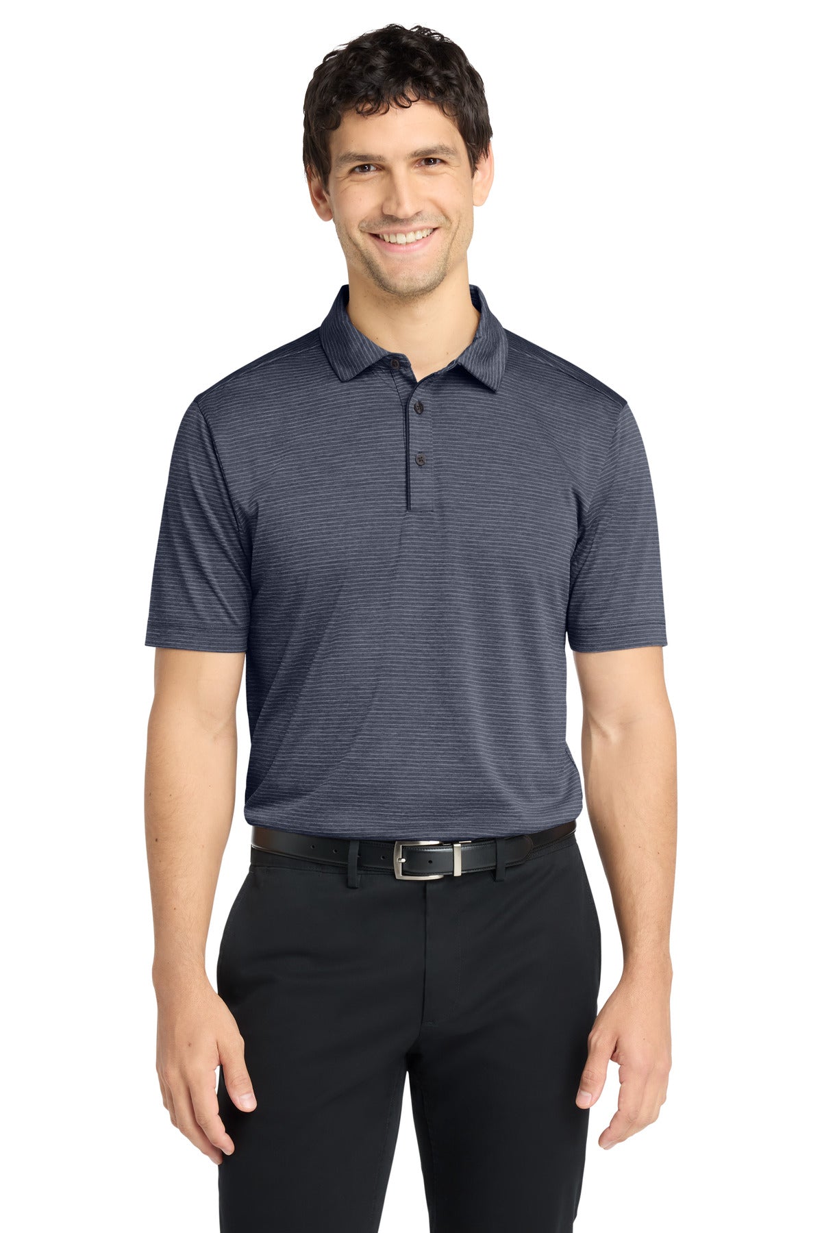 Custom River Blue Navy Shadow Stripe Polo K585, personalized by SanCanDo Swag in Argyle, TX
