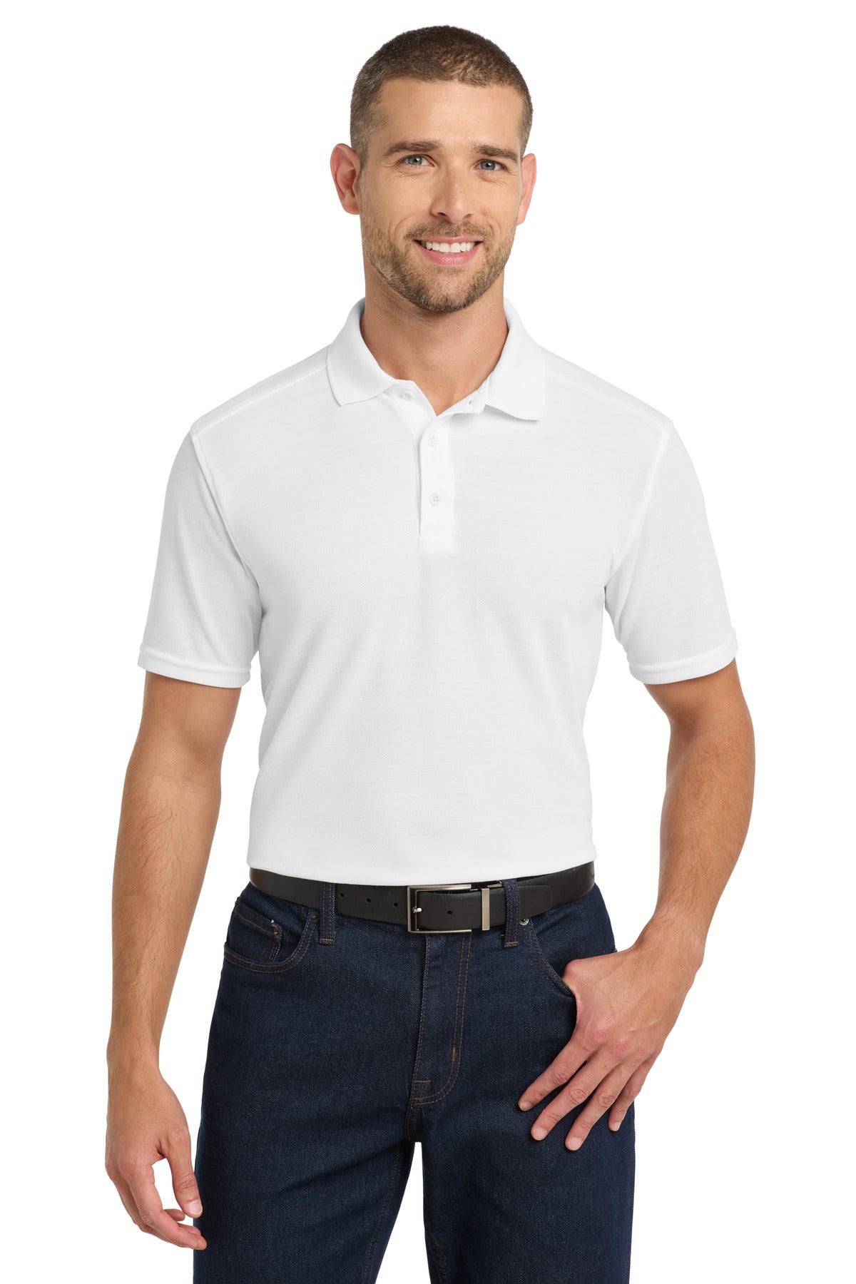 Custom White EZPerformance Pique Polo K600, personalized by SanCanDo Swag in Argyle, TX