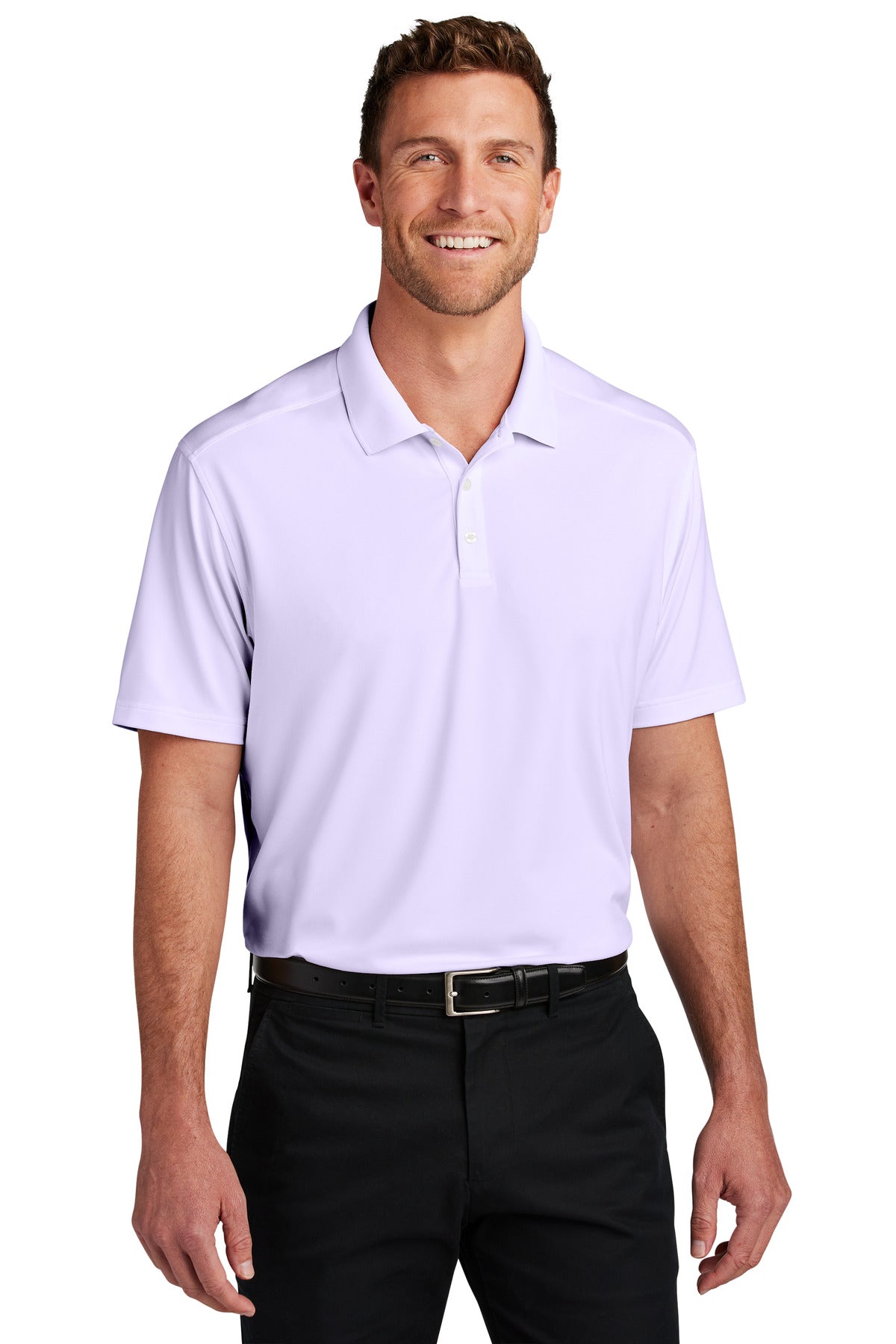 Custom Bright Lavender City Stretch Flat Knit Polo K683, personalized by SanCanDo Swag in Argyle, TX