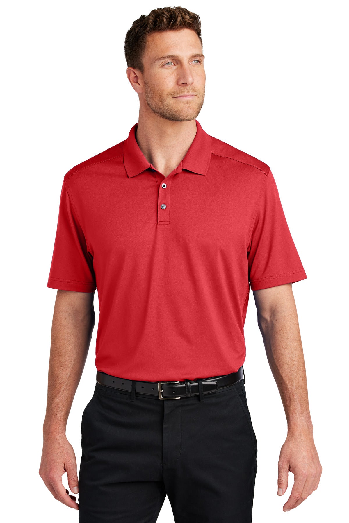 Custom Engine Red City Stretch Flat Knit Polo K683, personalized by SanCanDo Swag in Argyle, TX