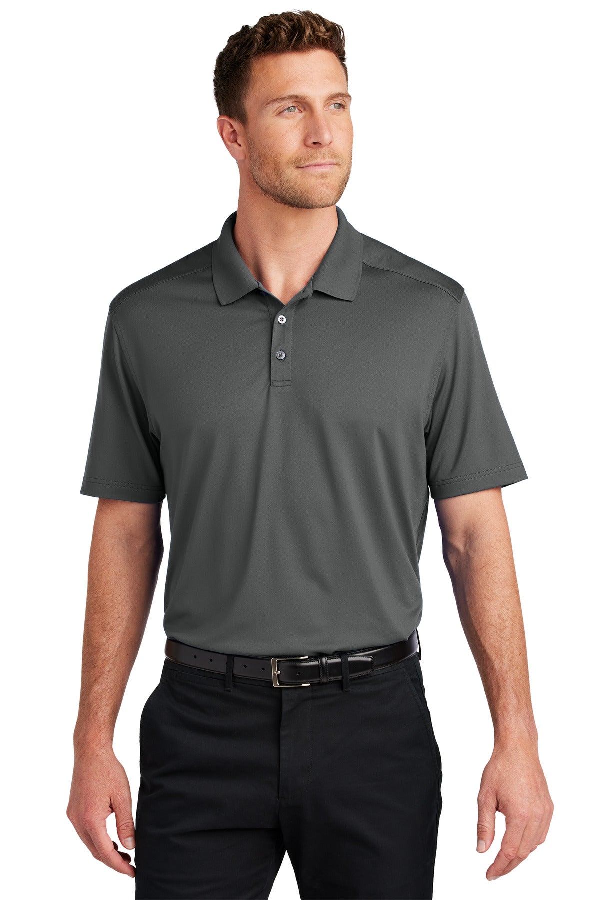 Custom Graphite City Stretch Flat Knit Polo K683, personalized by SanCanDo Swag in Argyle, TX