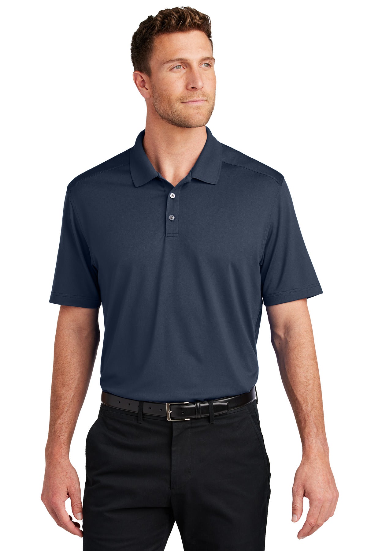 Custom River Blue Navy City Stretch Flat Knit Polo K683, personalized by SanCanDo Swag in Argyle, TX