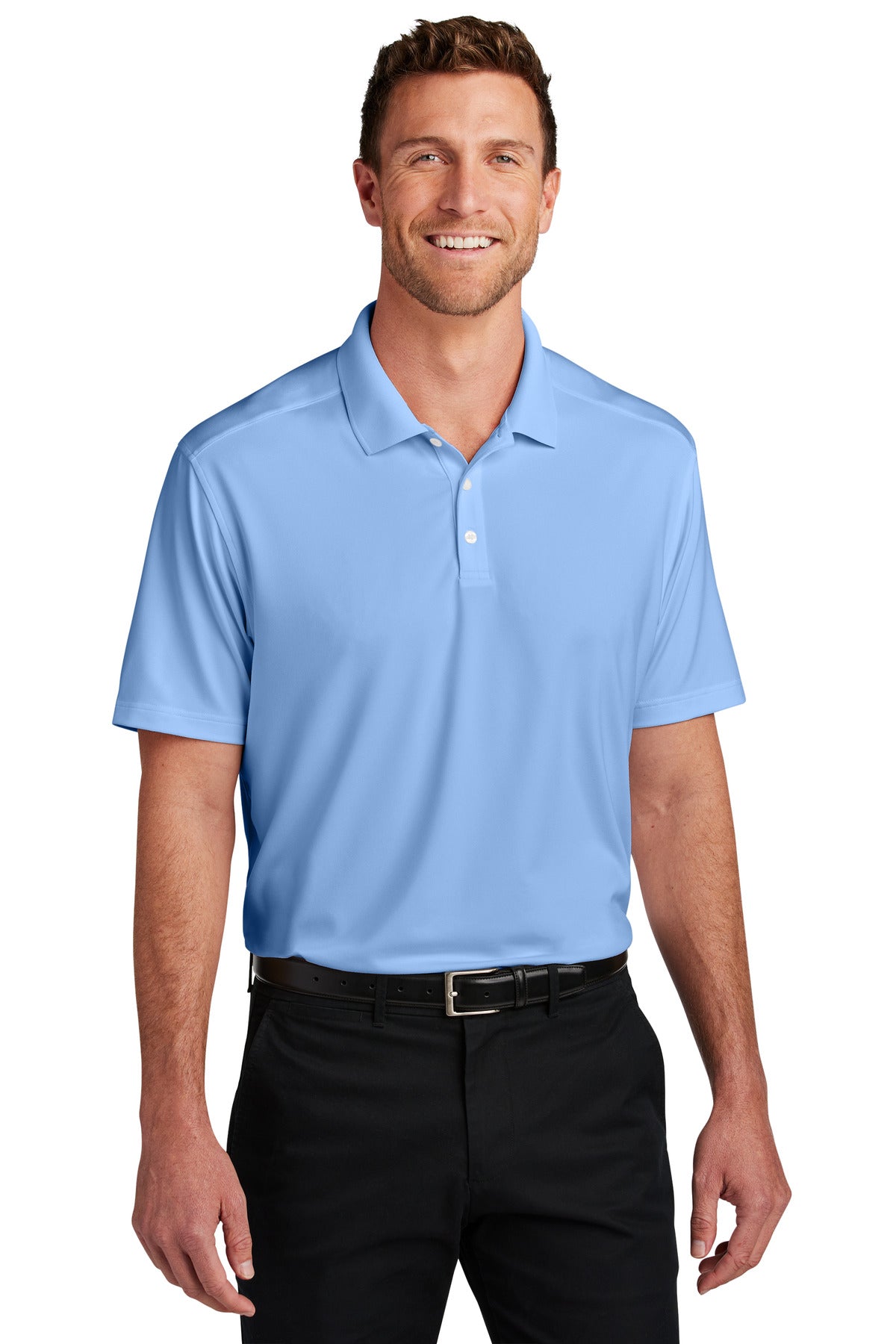 Custom Swiss Blue City Stretch Flat Knit Polo K683, personalized by SanCanDo Swag in Argyle, TX