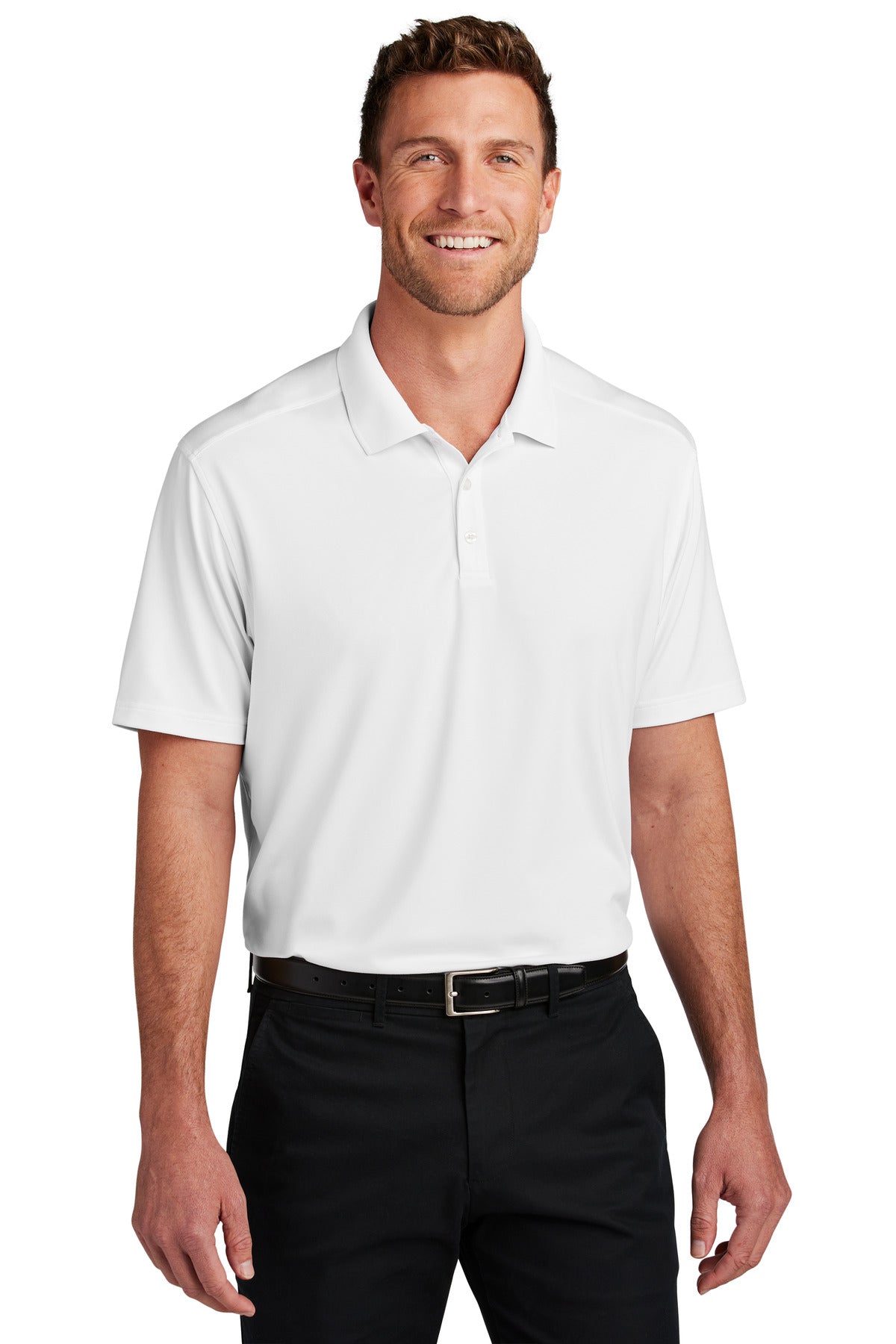 Custom White City Stretch Flat Knit Polo K683, personalized by SanCanDo Swag in Argyle, TX