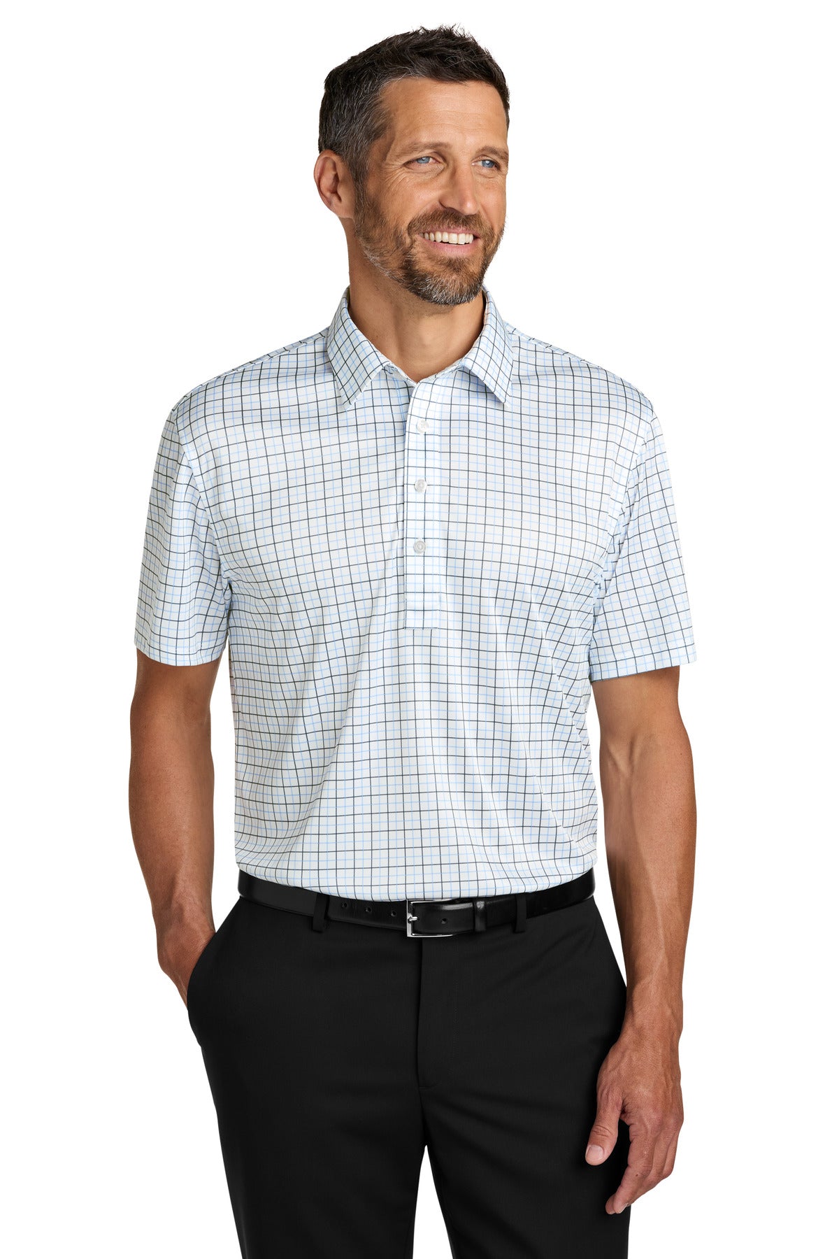 Custom Black/ Carolina Blue Check Shirt Collar Polo K700, personalized by SanCanDo Swag in Argyle, TX