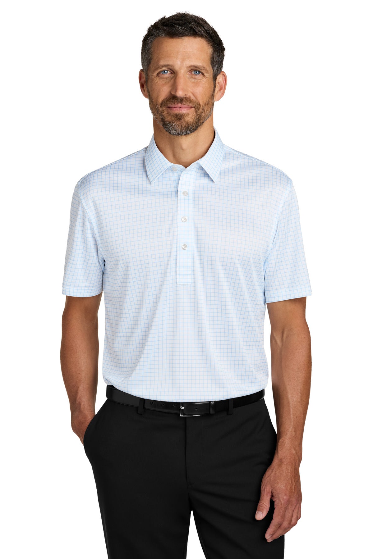 Custom Cloud Blue Check Shirt Collar Polo K700, personalized by SanCanDo Swag in Argyle, TX