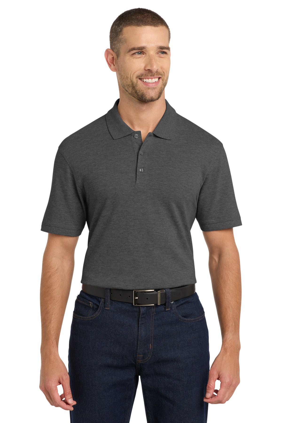 Custom Charcoal Heather EZCotton Polo K8000, personalized by SanCanDo Swag in Argyle, TX