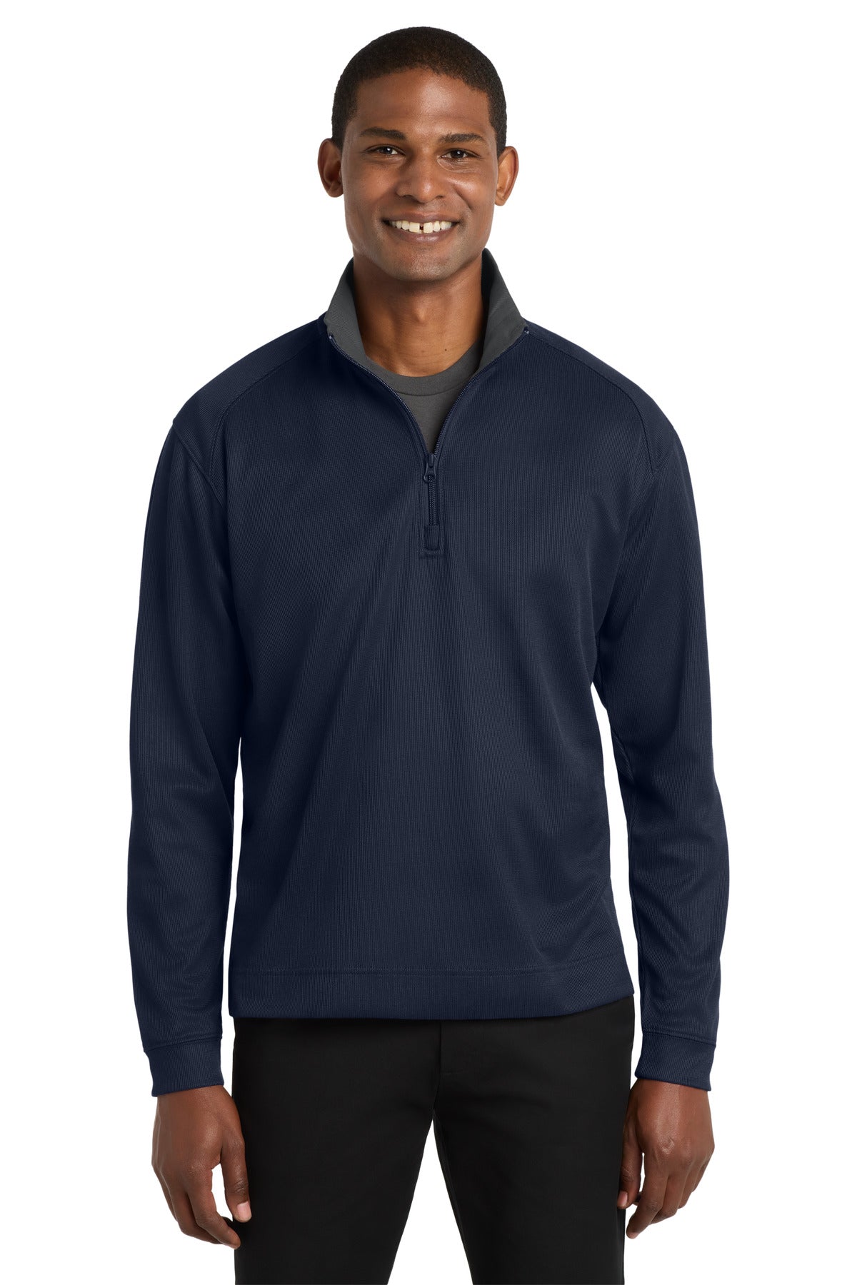 Custom True Navy/ Iron Grey Vertical Texture 1/4-Zip Pullover K805, personalized by SanCanDo Swag in Argyle, TX