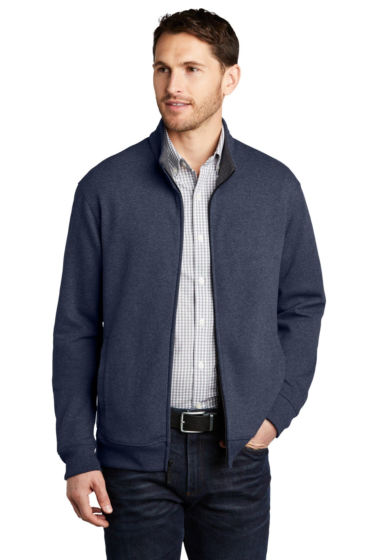 Custom Estate Blue Heather/ Charcoal Heather Interlock Full-Zip K809, personalized by SanCanDo Swag in Argyle, TX