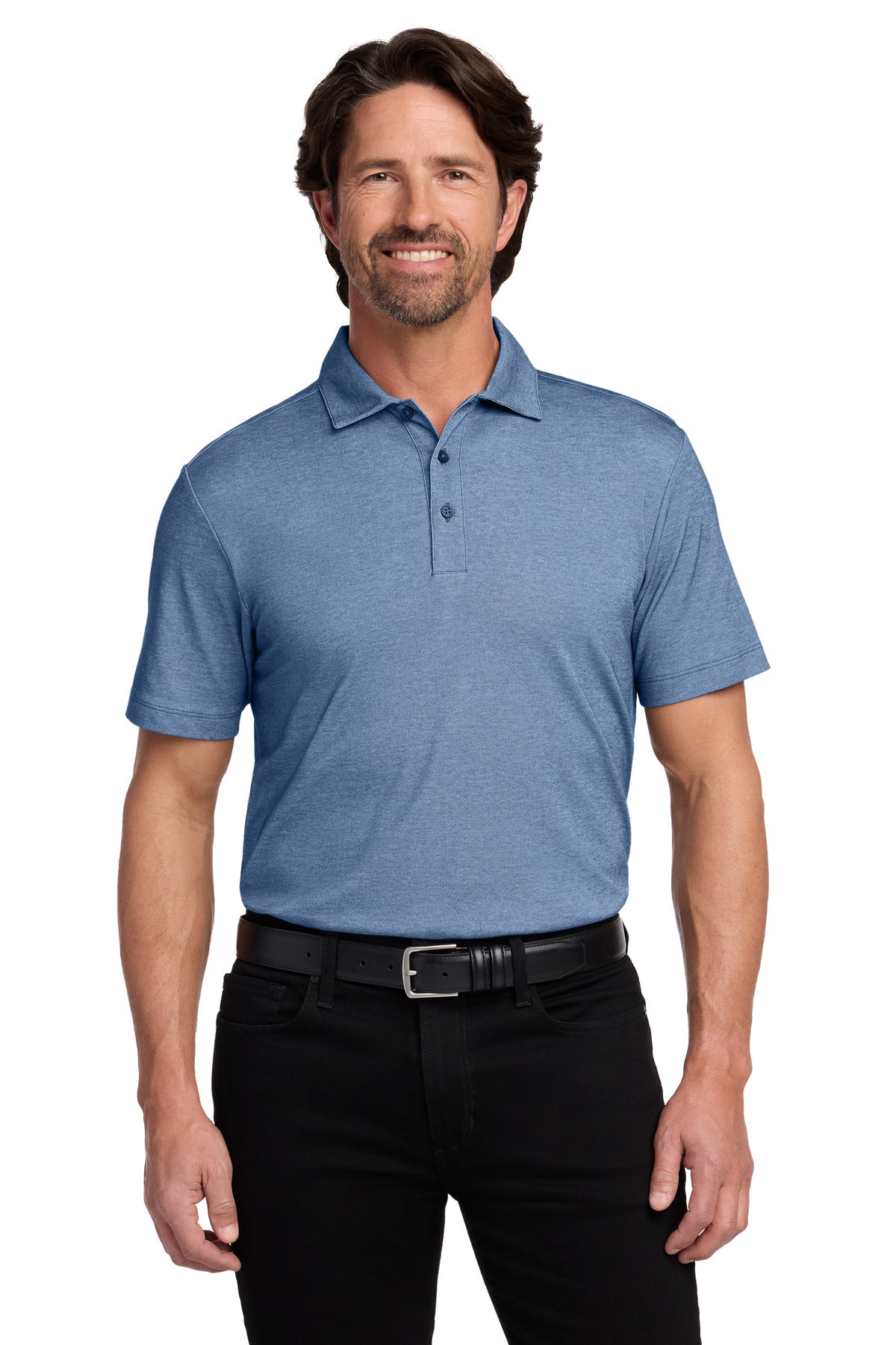 Custom Aegean Blue Heather Fine Pique Blend Polo K830, personalized by SanCanDo Swag in Argyle, TX