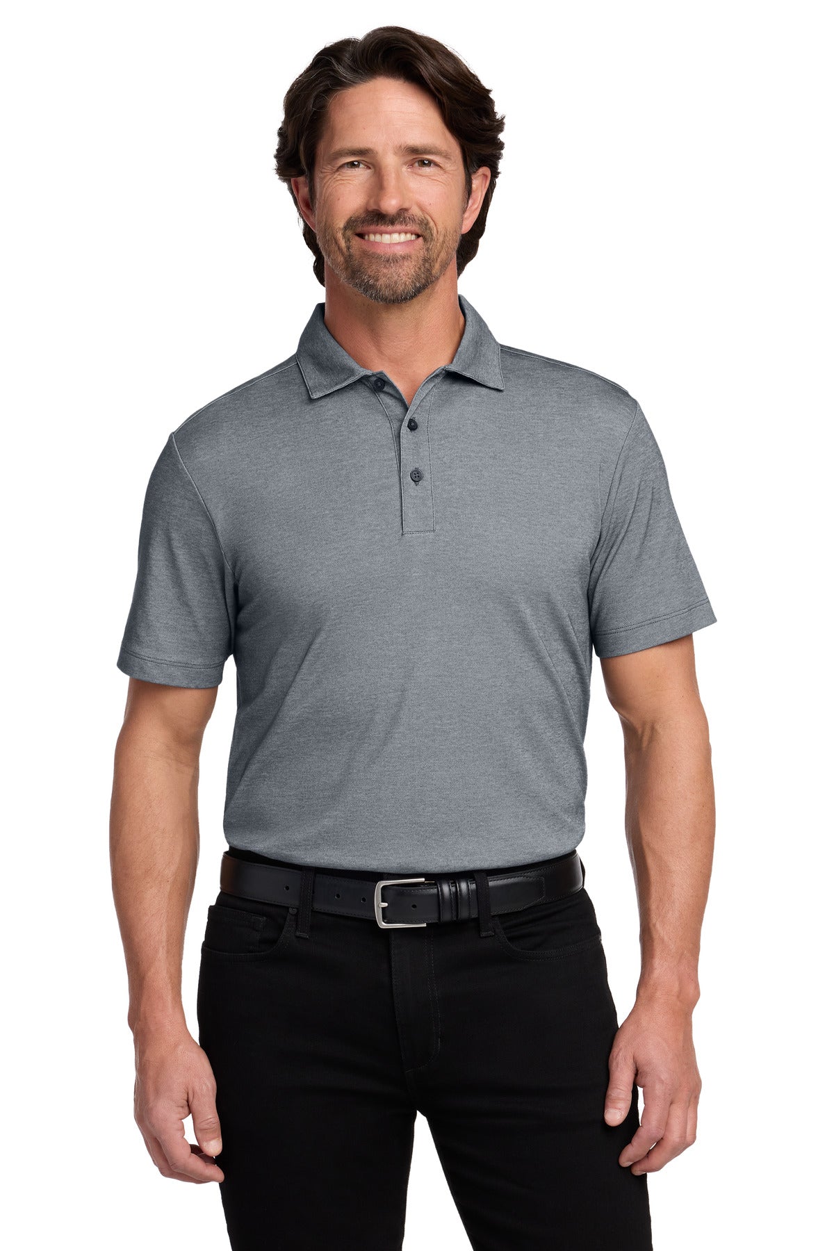Custom River Blue Navy Heather Fine Pique Blend Polo K830, personalized by SanCanDo Swag in Argyle, TX