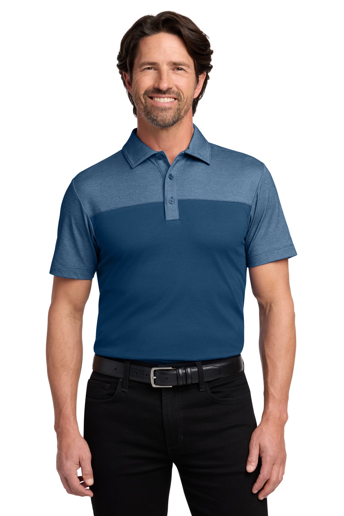 Custom Aegean Blue/ Aegean Blue Heather Fine Pique Blend Blocked Polo K831, personalized by SanCanDo Swag in Argyle, TX