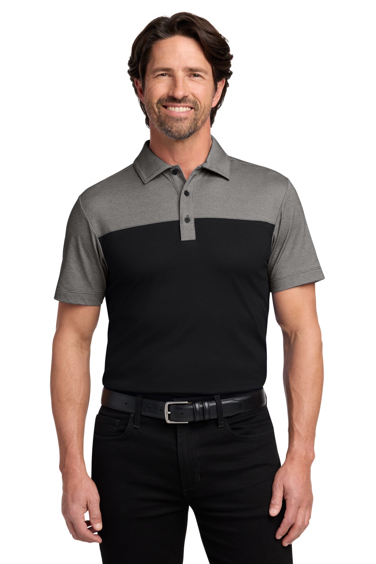 Custom Deep Black/ Charcoal Heather Fine Pique Blend Blocked Polo K831, personalized by SanCanDo Swag in Argyle, TX